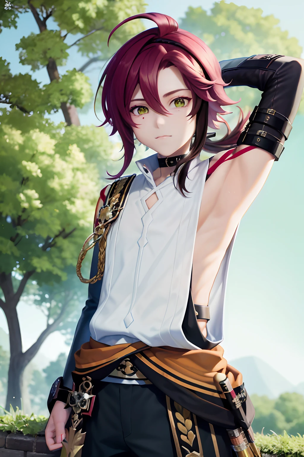 masterpiece, best quality,Shikanoin Heizou (genshin impact), 1boy, male focus, kurokote, green eyes, kote, multicolored hair, mole under eye, red hair, solo, mole, black choker, japanese armor, looking at viewer, choker, armor, streaked hair, aiguillette, sleeveless, ahoge, long hair, low ponytail,(kbxll:0.6)