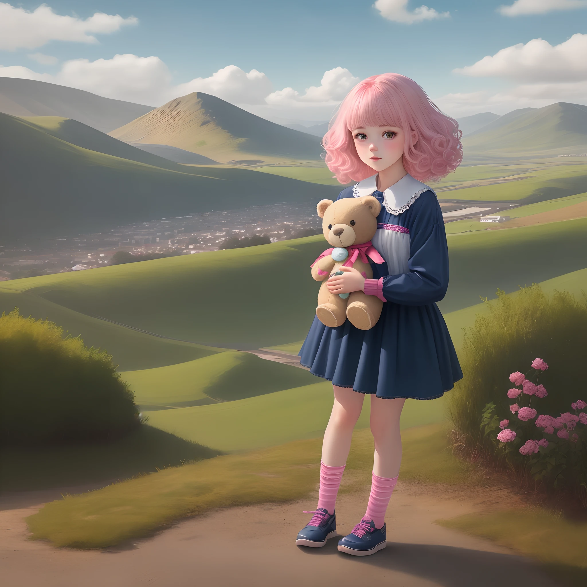 Uma adolescente com cabelos e olhos castanhos, Hair is medium to long, Her outfit is doll,  Pink, the shoes are Mary Jane style. She's holding a teddy bear. The background of the landscape is whimsical, com cores rosas de diferentes tons