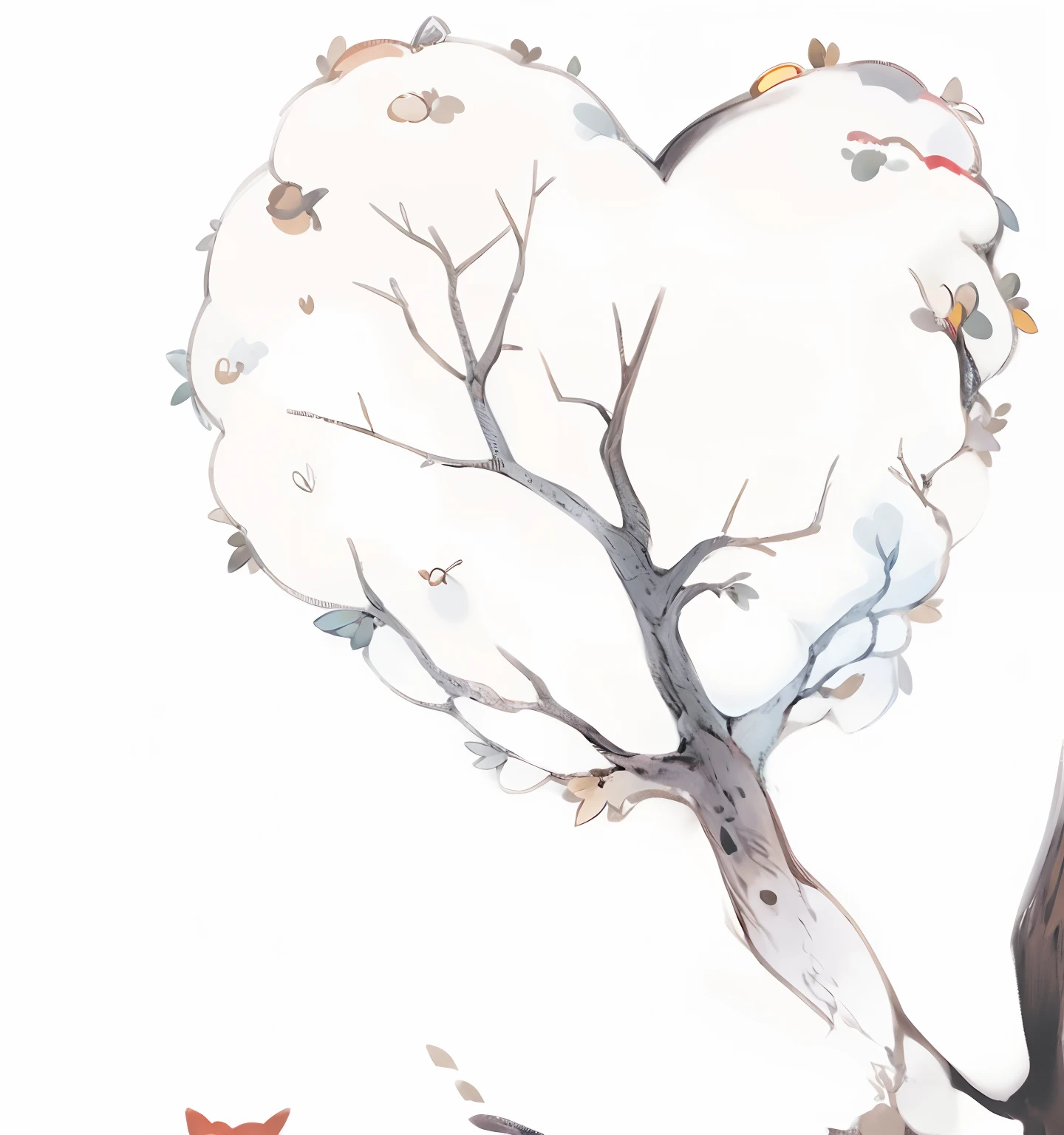 Drawing of a cat and a tree,There is a heart-shaped tree on it, concept art of love, concept piece, inspired by Masamitsu Ōta, inspired by Ryōhei Koiso, inspired by Makuzu Kōzan, inspired by Yumihiko Amano, with a tall tree, inspired by Kusumi Morikage, inspired by Kōno Michisei