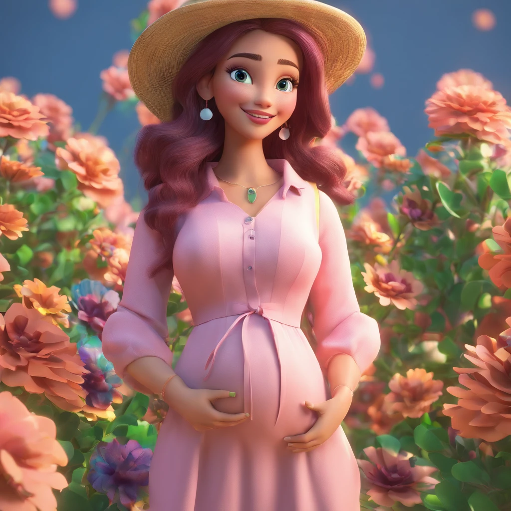 mulher loira, cabelos longos e encaracolados, bochechas rosadas, sorriso bonito, olhos verdes vibrantes, vestido rosa, corpo inteiro, riqueza de detalhes, distinta, a mulher tem 25 anos de idade, , Girl is strolling through the flower garden. disney pixar desenho animado em 3d, pregnant
