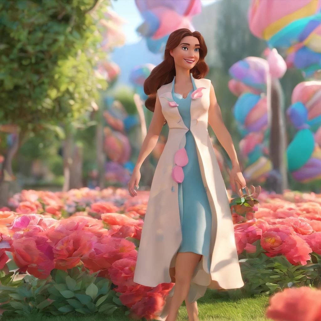 mulher loira, cabelos longos e encaracolados, bochechas rosadas, sorriso bonito, olhos verdes vibrantes, vestido rosa, corpo inteiro, riqueza de detalhes, distinta, a mulher tem 25 anos de idade, , Girl is strolling through the flower garden. disney pixar desenho animado em 3d, pregnant