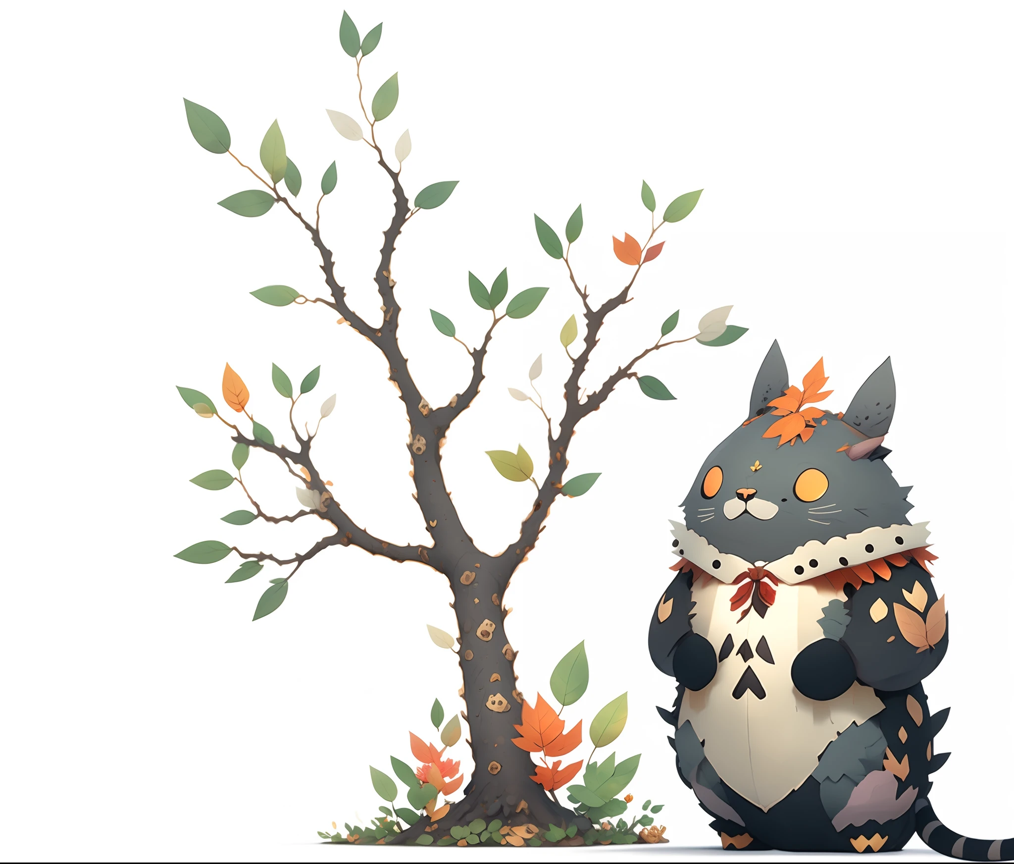 There was a cat sitting next to a tree, The leaves are heart-shaped, ，Onmyoji detailed art, onmyoji, game asset of plant and tree, Totoro sitting in the forest, next to a tree, character art of maple story, Stylized concept art, Totoro, from overwatch, fat chibi grey cat,