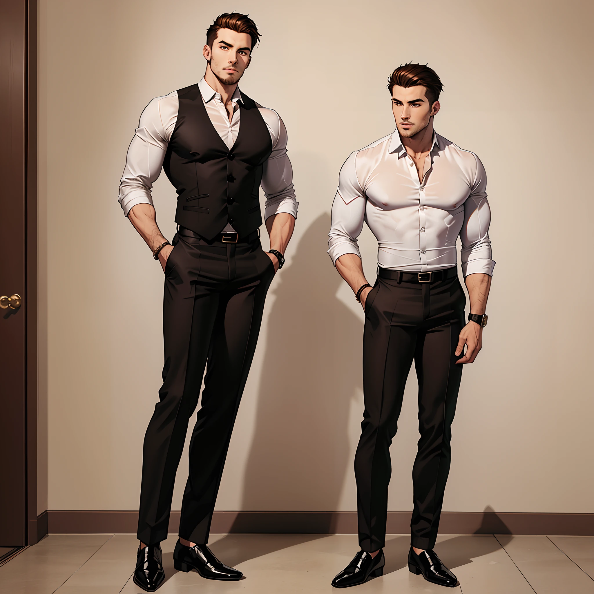 Shady male strong body brown hair white button down black pants handsome full body shot