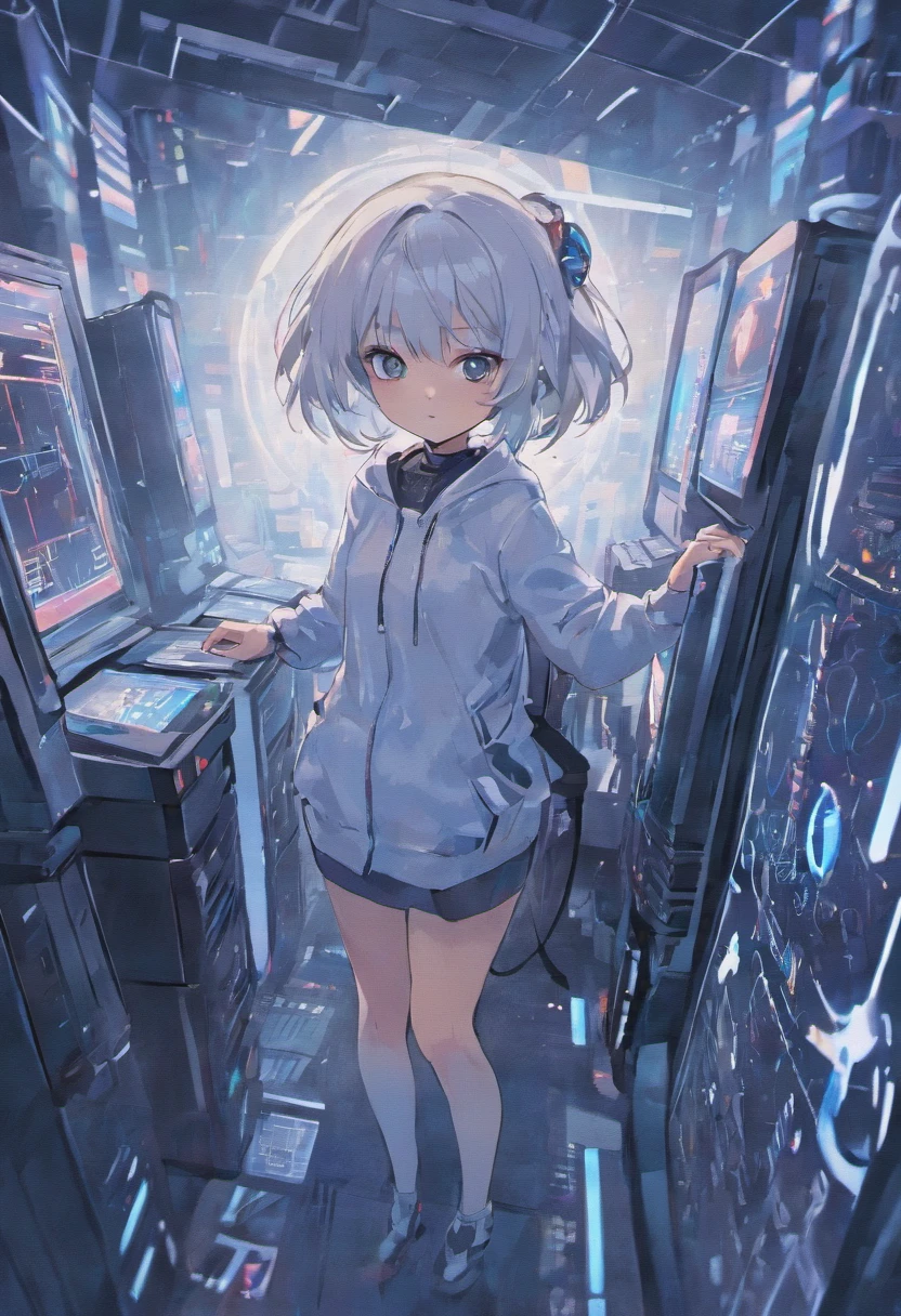 Hack girl style with laptop, White mechanical clothing, Silver short bob hair, Computer, Cable, Retro, cyber punk perssonage, Data center background, dark blue theme,