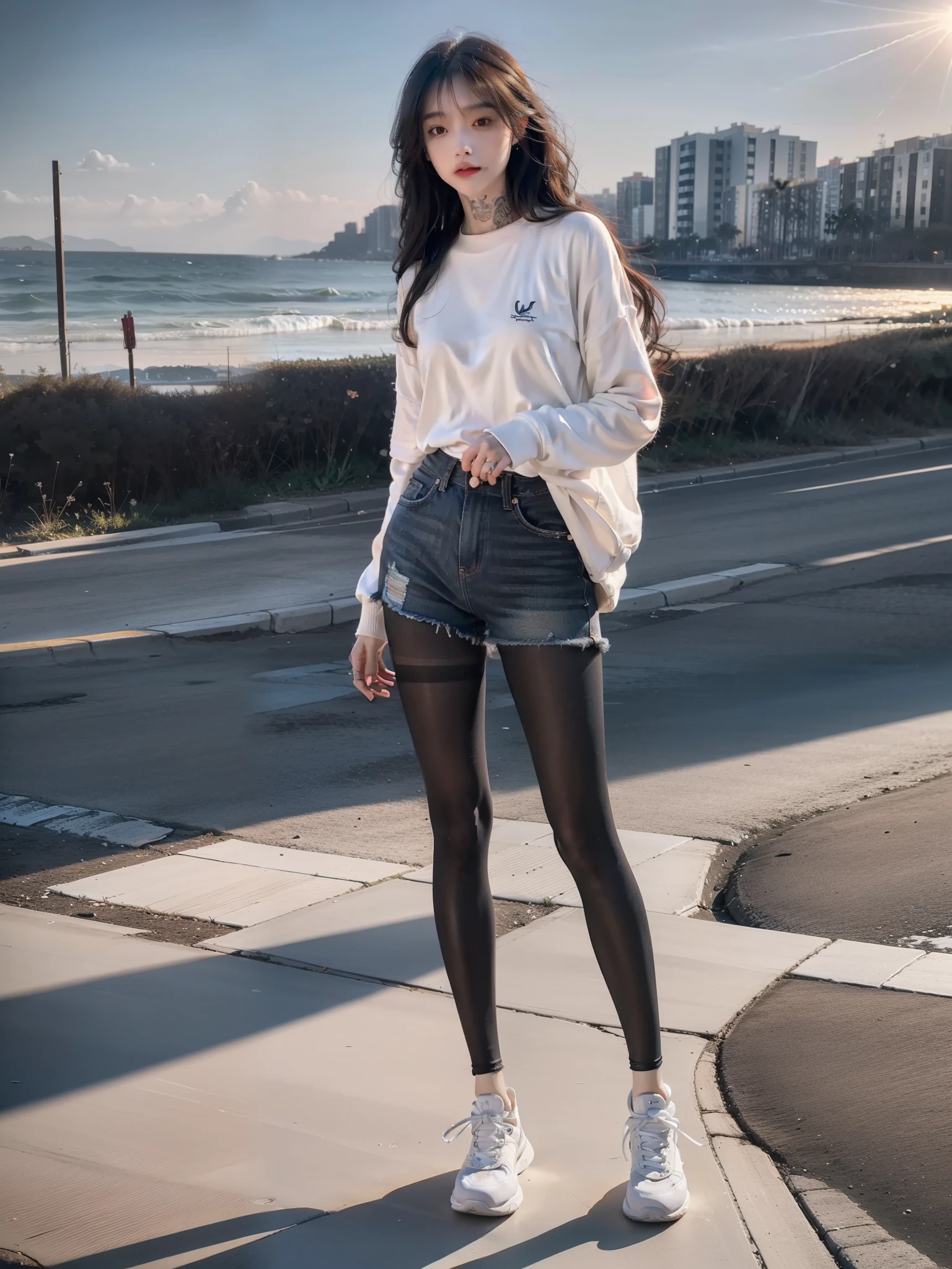(full-body portraits:1.5)，(1girll:1.3),(view the viewer:1.4),(anatomy correct:1.4),(White sweatshirt:1.2),(Black translucent pantyhose:1.3),(with tattoos:1.2),(wavy and long hair，Accurate and perfect face:1.3),(Slender and slender figure，Skinny，Skinny:1.2),(Smaller bust:1.3),(athletic sneakers:1.1),hyper HD, Ray traching, reflective light，structurally correct, Award-Awarded, High detail, Fade-in and fade-out shadow contrast, Face lighting ，Cinematic lighting, Masterpiece, super detailing, High quality, High detail, Best quality, 16k，High contrast