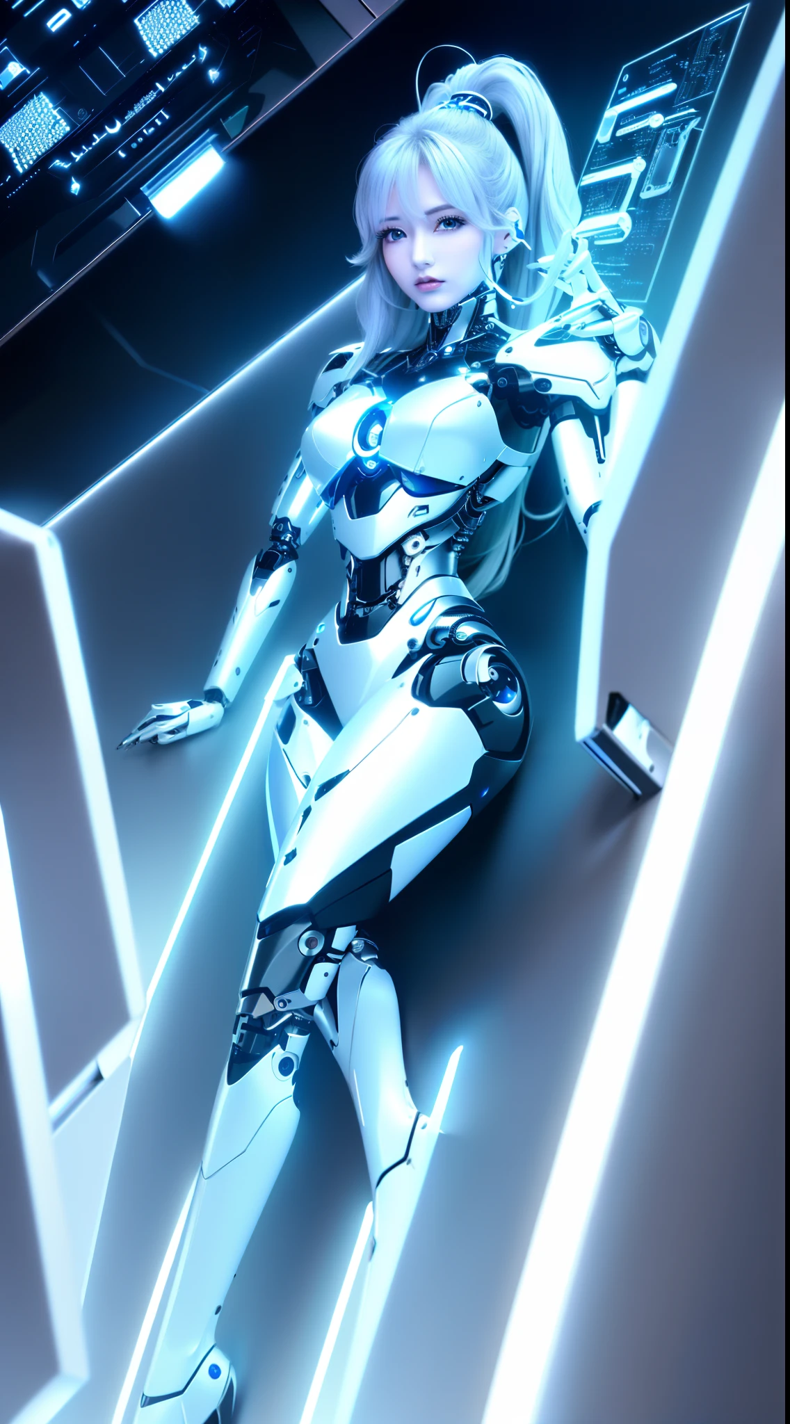 ((masutepiece)), ((top-quality), high quarity、ultra-definition, (Realistic), (well proportioned face:1.5)、fulcolor 、(scientific fiction)、((独奏))、Beautiful robot woman、Repaired Emotionless Robot、(Perfect robot joint:1.5)、(Detailed electronic board)、(Machine frame)、(Restoration of white porcelain mechanical armor)、(Oval curvaceous face)、(machine components)、(Almond-shaped eyes without emotion)、thin mouth、(Precise and perfect mechanical two-handed operation:1.2)、((Cyber City during the day))、Modification of machine legs、(lying on floor)、high-heels、Shooting from above、laying on back