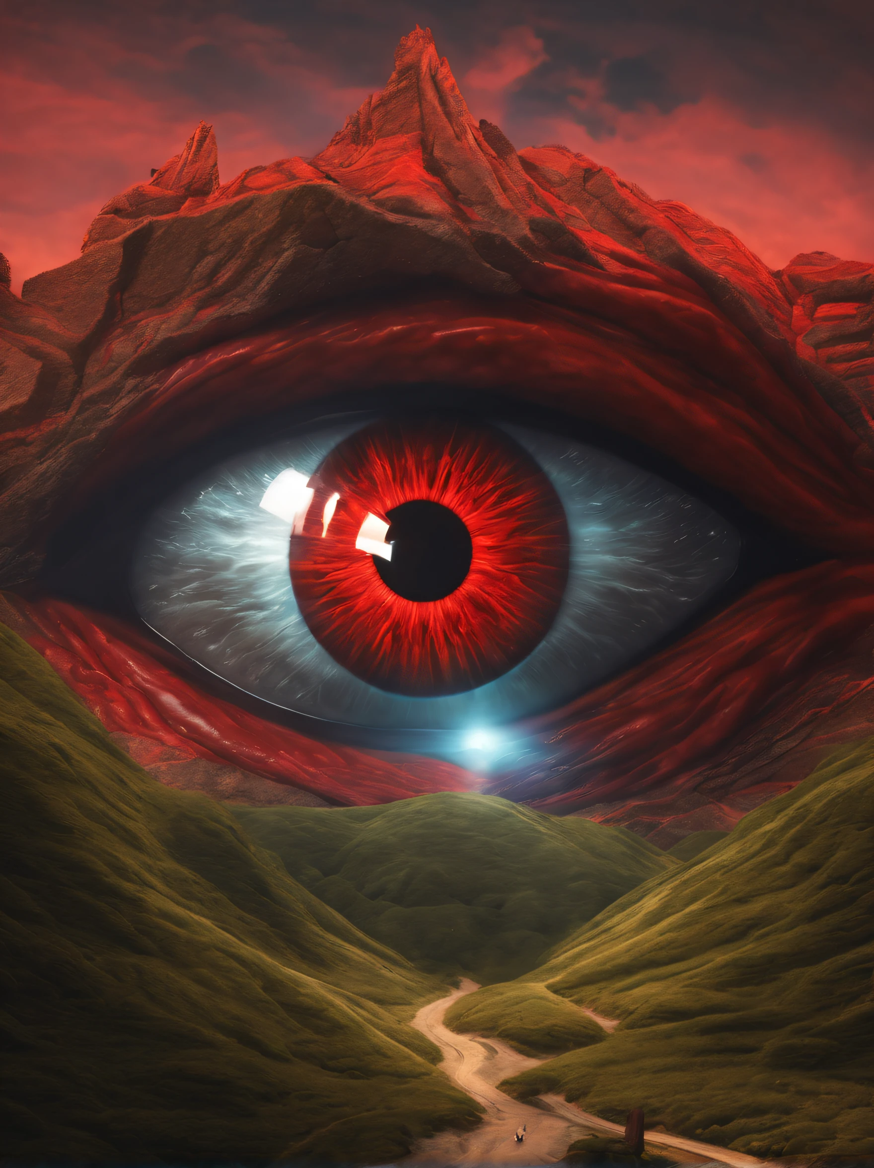 (a large red devil's eye:1.3) with a mountain in the background, Realism, god rays, ray tracing, masterpiece, textured skin, super detail, highres, 16k, surrealism 8k, epic surrealism 8k oil painting, 4 k surrealism, 4k highly detailed digital art, 4k detailed digital art, portrait of a mystical giant eye, 8k stunning artwork, digital art 4k unsettling, otherworldly visuals, 3d digital art 4k, surrealistic digital artwork