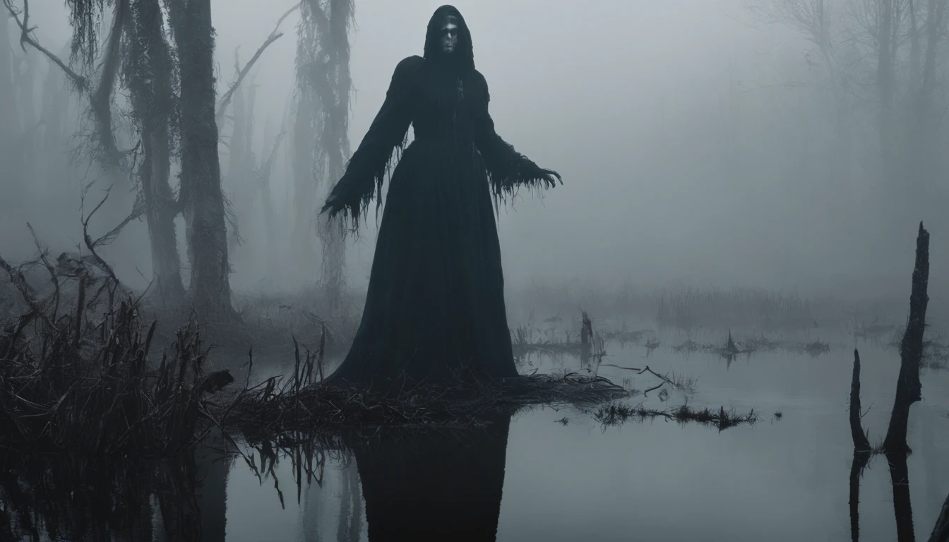 Half body shot of a creepy demon woman in a foggy marsh, pale white skin, red glowing eyes, witch aesthetic, horror movie, cinematic, dark ambient, ultra detailed, photorealistic, masterpiece.