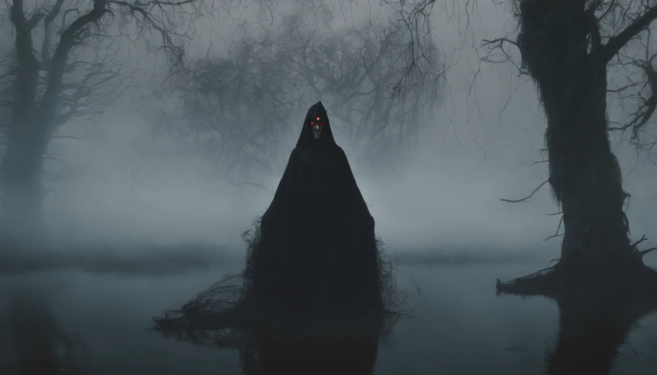 Half body shot of a creepy demon woman in a foggy marsh, pale white skin, red glowing eyes, witch aesthetic, horror movie, cinematic, dark ambient, ultra detailed, photorealistic, masterpiece.