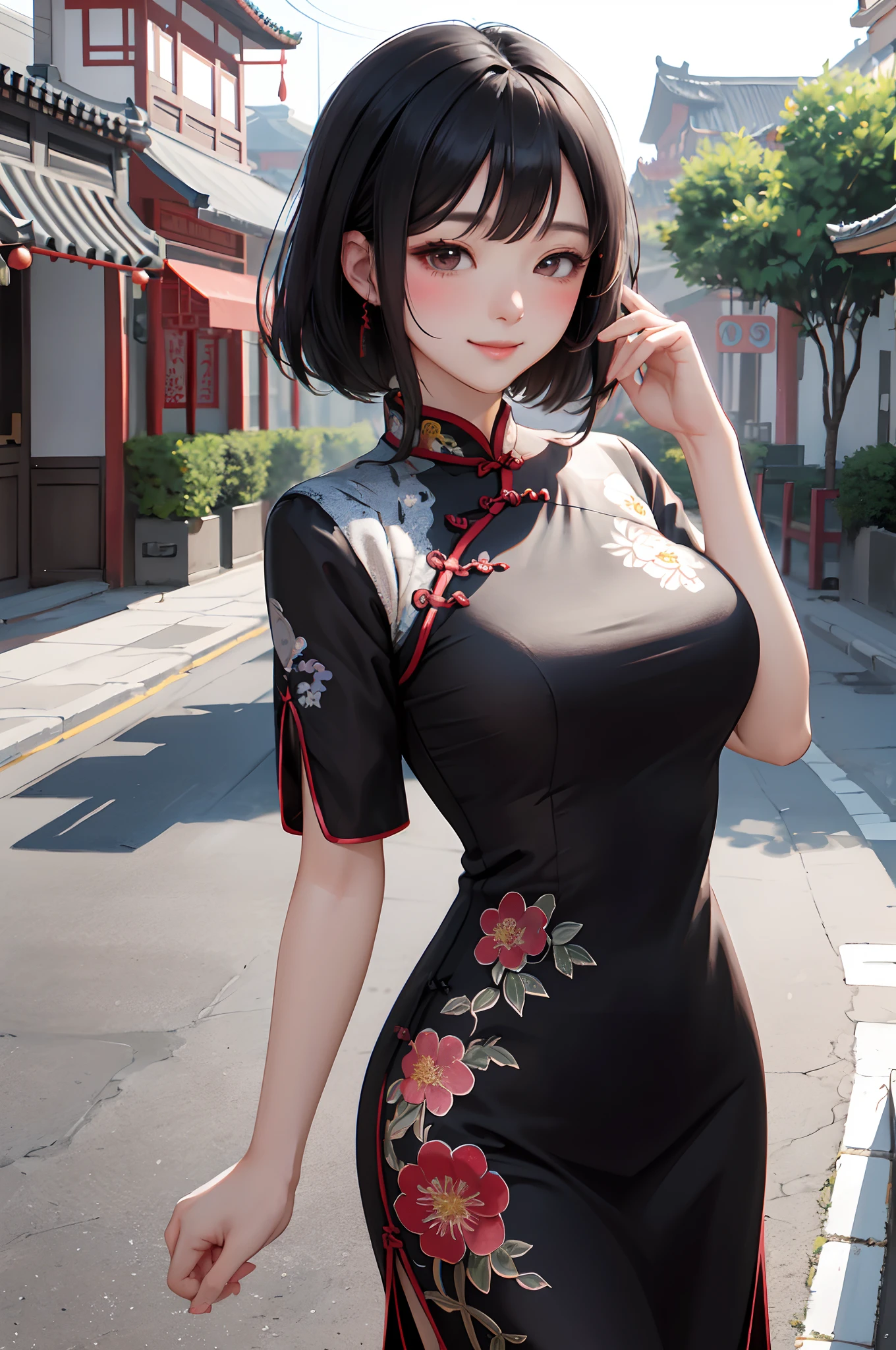 Cheongsam with floral embroidery girl black hair blush gentle smile, (masterpiece best quality:1.2) Ultra-detailed delicate illustrations, Big breasts Break /(China Street/) Outdoors