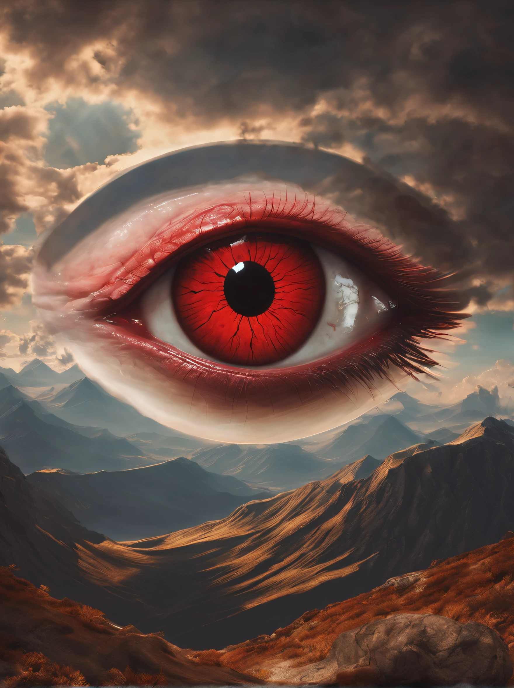 (a large red devil's eye:1.3) over a mountain peak, portrait of a mystical giant eye, Realism, god rays, ray tracing, masterpiece, textured skin, super detail, highres, 16k, surrealism 8k, epic surrealism 8k oil painting, 4 k surrealism, 4k highly detailed digital art, 4k detailed digital art, 8k stunning artwork, digital art 4k unsettling, otherworldly visuals, 3d digital art 4k, surrealistic digital artwork