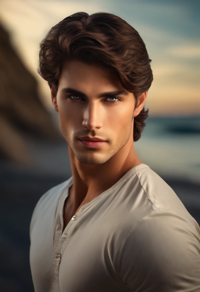 Realistic Handsome guy with hazel eyes, dark brown hair