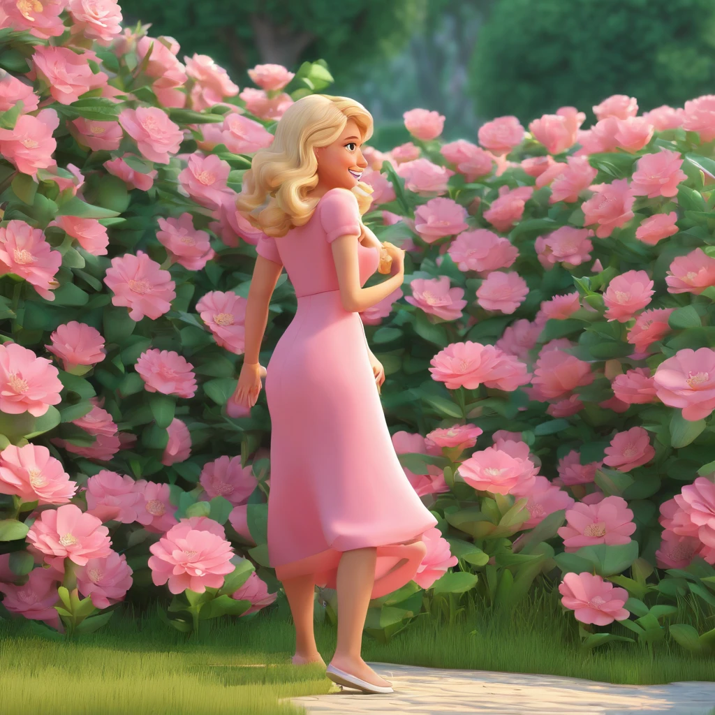 blonde woman, long curly hair, rosy cheeks, beautiful smile, vibrant green eyes, pink dress, full body, rich details, distinct, the woman is 25 years old, , Girl is walking through the flower garden. disney pixar 3d cartoon, pregnant