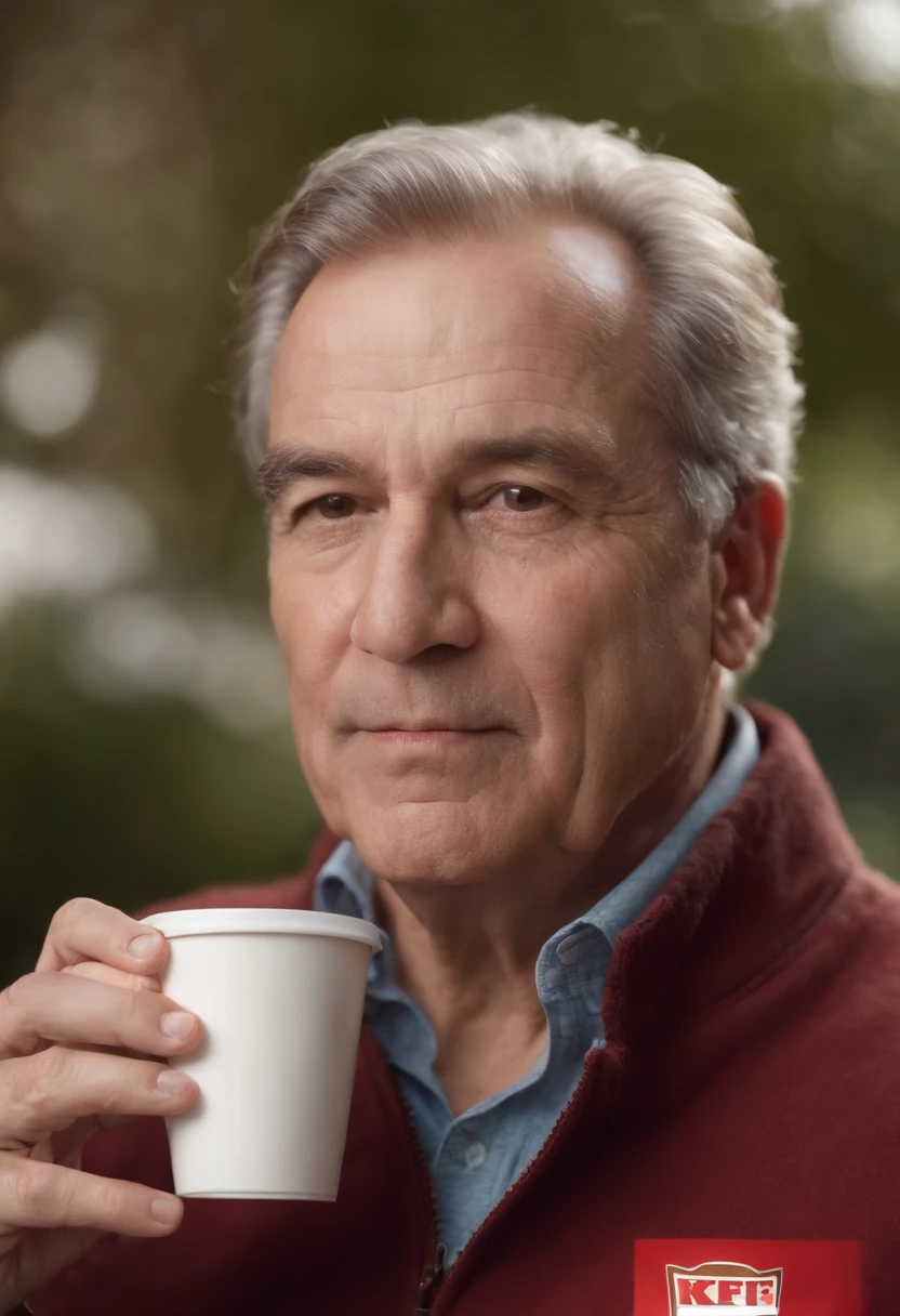 creates a logo of a 50-year-old man holding a KFC-style coffee cup, melhorando a imagem. imagem 4k, Altas.