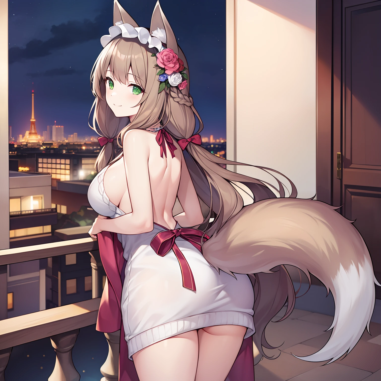 Masterpiece, Best quality, high resolution, 1girll, Solo, Oversized fox tail,Green eyes,(Long brown hair_Sideways French braided hair),Small flower headdress, (27years old,Big breasts wife)_Mature female figure_F Cup,Modern architecture,natta_Sea view at night,The wife is standing on the terrace of the hotel house_Look back at me,ssmile,Wear a backless sweater dress,Look from behind,