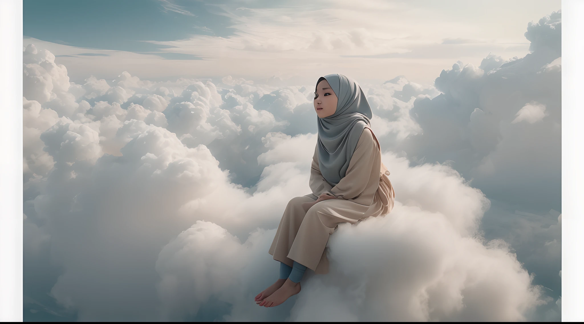 Capture the Malay girl in hijab sitting on a fluffy cloud high in the sky. The cloud acts as her personal retreat in the sky, suspended above the world below, 28mm lens, Establishing shot, muted color grading, cinemascope effect, high quality, using Panavision DXL2 camera,