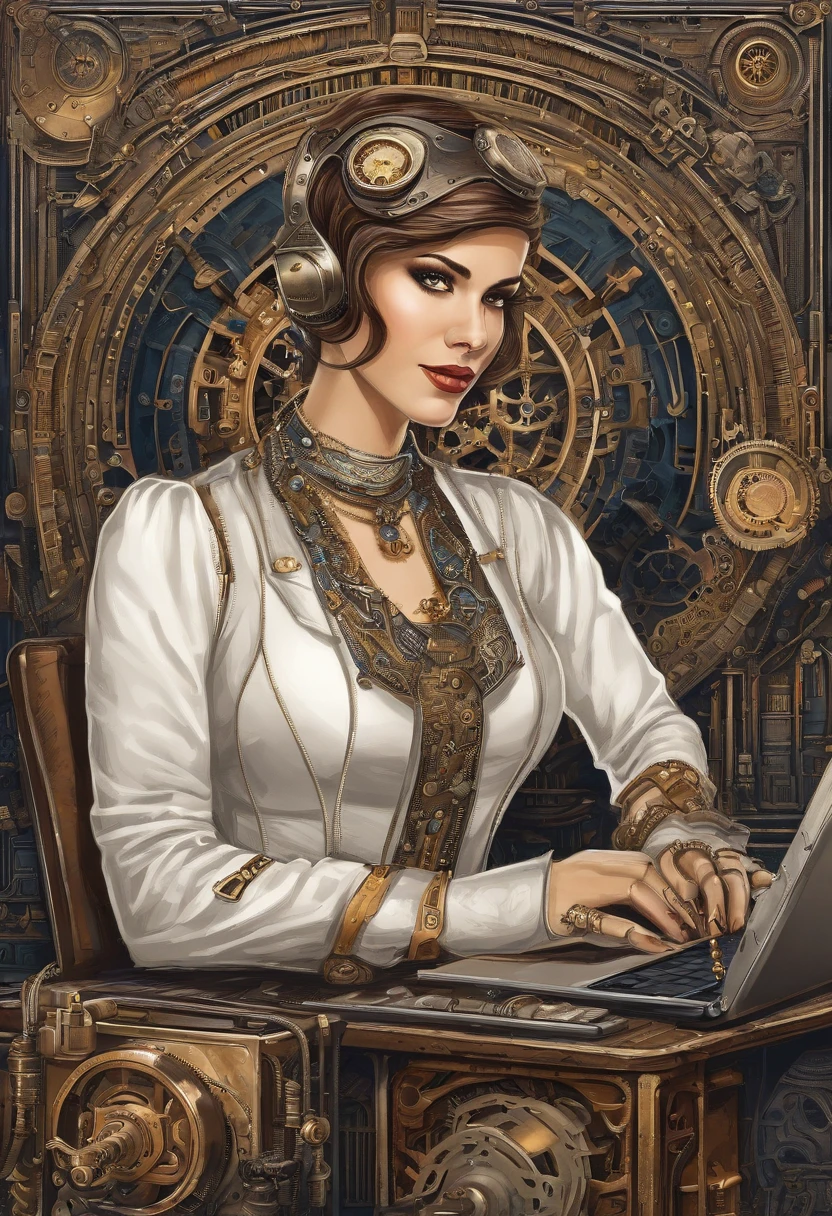 Hack girl style with laptop, White mechanical clothing, Silver short bob hair, Colorful pupils,Computer, Retro, cyber punk perssonage, Data center background, dark blue theme,