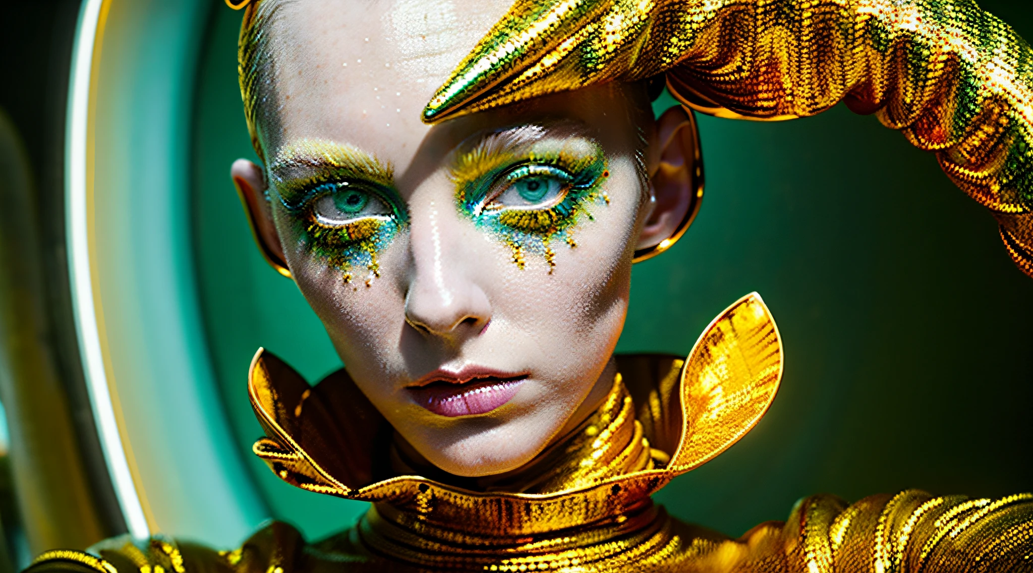 Avant-garde fashion photography: Female, Porcelain Skin, Solarpunk, Van Gogh's influence, Piercing amber eyes, It is depicted as sleek, Organic Robotics, Futuristic, surrealistic, The ultra -The high-definition, meticulously detailed, 8k by Tim Walker - AR 2:3.