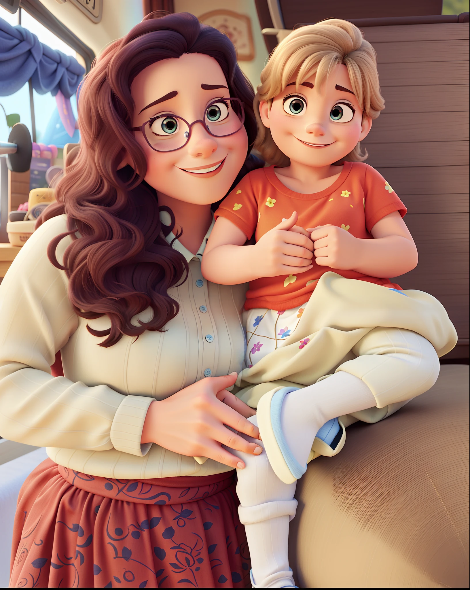 Um cartaz estilo Disney Pixar. A mother with her  on her lap.