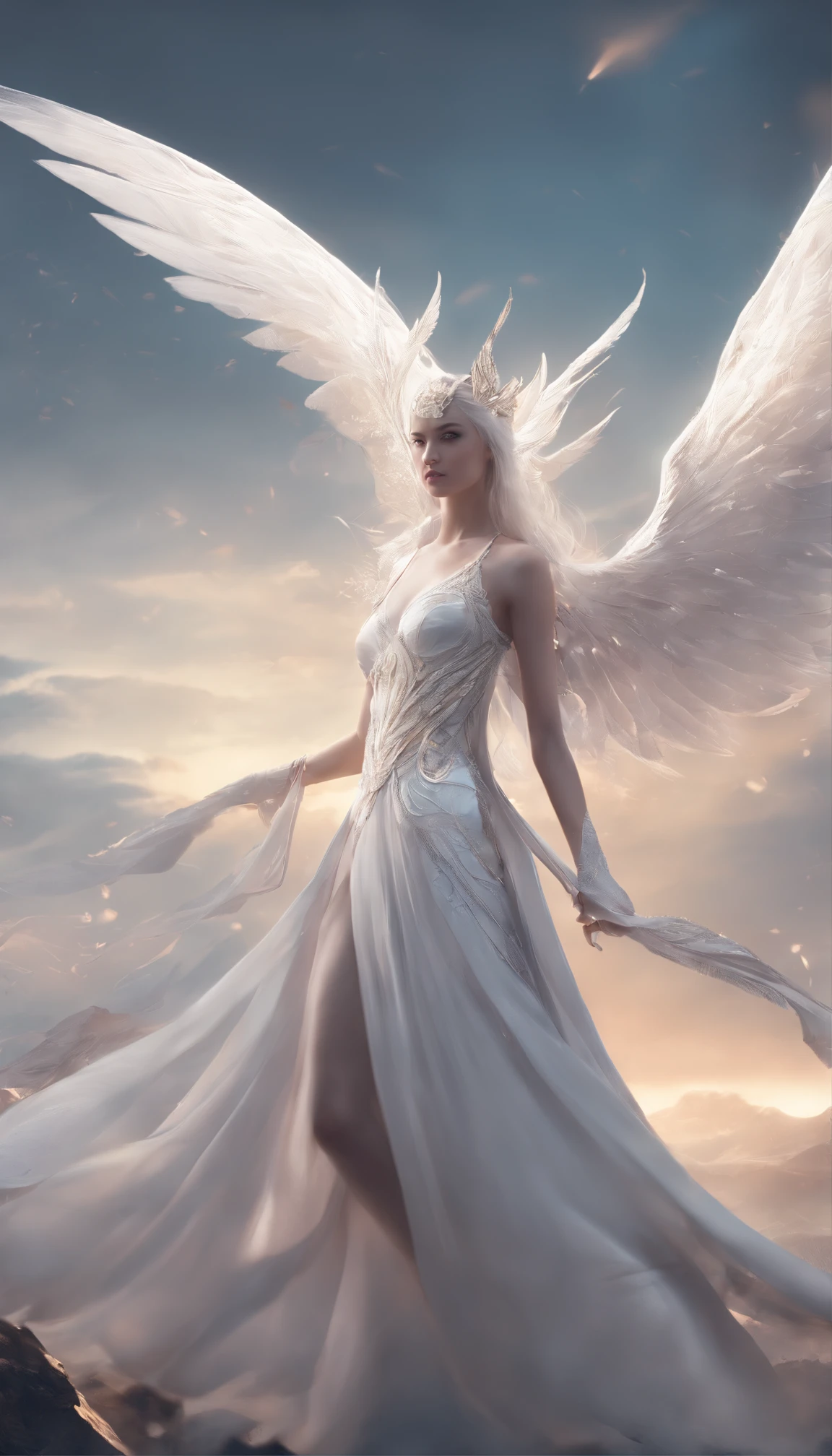 It flies very lightly, Holy,White Elves, long ear,white wings on back,shining brightly, The whole body is in the frame, Against the background of colored sky, RAW photo, Hyper-realistic, Remote, product-view, ArtStation Trends,Super high quality, Digital art, Delicate and delicate, 4K, Soft lighting, Dreamy, Ethereal, Unreal Engine rendering, 8K UHD, hdr, High quality, Ultra detailed, filmgrain.