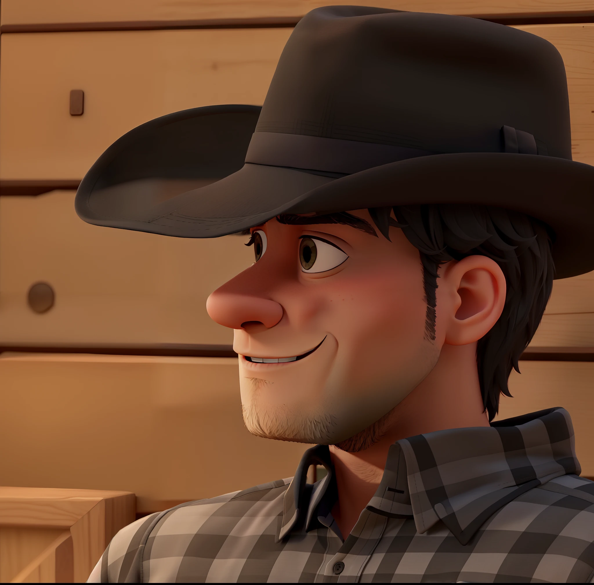 A man with a black hat and plaid shirt with facial expression would be summer Disney pixar with high quality