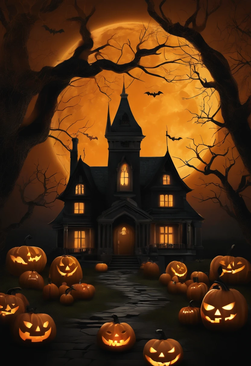 (best quality,4k,8k,highres,masterpiece:1.2),ultra-detailed,(realistic,photorealistic,photo-realistic:1.37),Halloween,spooky,frightening,haunted house,darkness,full moon,creepy atmosphere,scary pumpkins,gloomy,candle-lit,ominous shadows,spiderwebs,witches flying on broomsticks,ghostly apparitions,terrifying costumes,horror movie inspiration,witches' brew,evil laughter,haunted forest,witches' cauldron,black cats,graveyard,full of tombstones,monsters lurking in the shadows,horror novel cover,eerie sound effects,thunder and lightning,twisted trees,bats circling in the sky,Jack-o'-lanterns,witches' hats,masked figures,children trick-or-treating,unearthly ambiance,cackling,macabre decorations,horrifying creatures,moonlit sky,hauntingly beautiful,spiritual mediums,cobwebs covering everything,mystical rituals,exquisite attention to details,gothic elements,dark and mysterious.