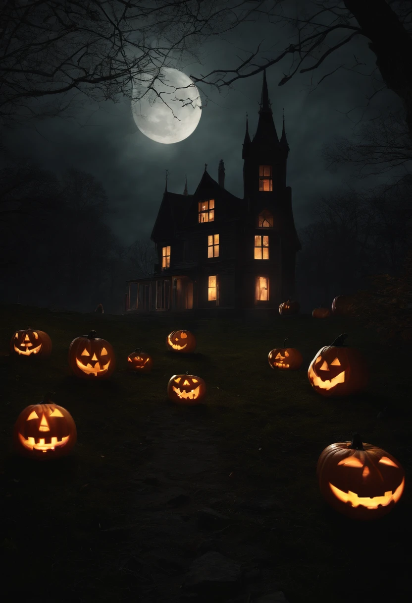 (best quality,4k,8k,highres,masterpiece:1.2),ultra-detailed,(realistic,photorealistic,photo-realistic:1.37),Halloween,spooky,frightening,haunted house,darkness,full moon,creepy atmosphere,scary pumpkins,gloomy,candle-lit,ominous shadows,spiderwebs,witches flying on broomsticks,ghostly apparitions,terrifying costumes,horror movie inspiration,witches' brew,evil laughter,haunted forest,witches' cauldron,black cats,graveyard,full of tombstones,monsters lurking in the shadows,horror novel cover,eerie sound effects,thunder and lightning,twisted trees,bats circling in the sky,Jack-o'-lanterns,witches' hats,masked figures,children trick-or-treating,unearthly ambiance,cackling,macabre decorations,horrifying creatures,moonlit sky,hauntingly beautiful,spiritual mediums,cobwebs covering everything,mystical rituals,exquisite attention to details,gothic elements,dark and mysterious.