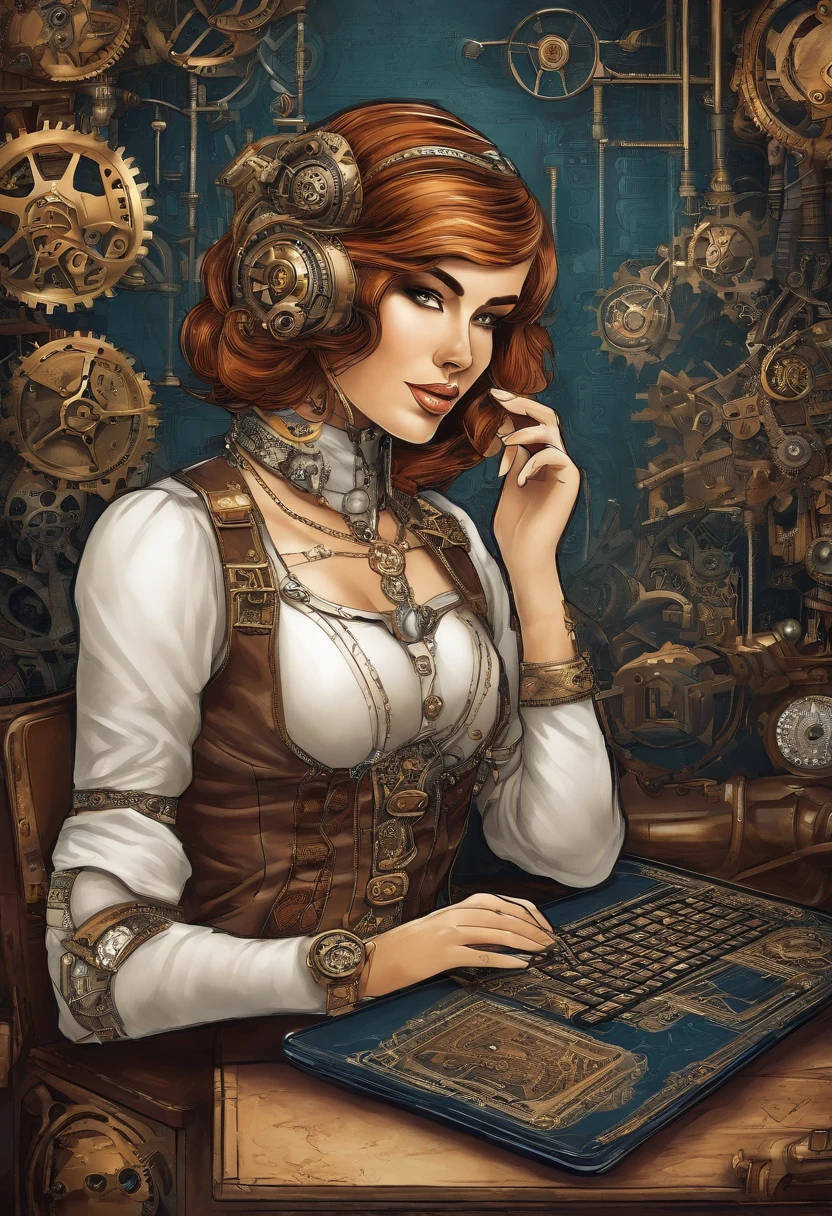hyper photorealism, very high contrast photograph, street photography, cinematic lighting, dramatic lighting, (a 19 yo girl, (Ana de Armas:0.50), (redhead:1.1)), very cute, (perfect eyes:1.1), photorealistic wavy hair, looking down at her own hand, steampunk jumpsuit, intercom headset, steampunk choker, long leather boots, perfect detailed face, detailed symmetric green eyes with circular iris, fixing a steam engine in the steampunk garage filled with steam and smoke, intricate, hdr, intricate details, detailed, cinematic, cogs and gears, steamy background with lots of steam pipes and steam valves and pressure gauges and gears, realistic, stunning realistic photograph, 3d render, octane render, cinematic, Isometric, Centered, hyperealistic cover photo, awesome full color, 12k, high definition, portrait featured on unsplash, smooth, ultra high definition, 8k, ultra sharp focus, intricate artwork, masterpiece, ominous, epic, highly detailed, warm cinematic, a girl in a light gray uniform sitting on a machine, young girl in steampunk clothes, in a steampunk laboratory, steampunk inventor girl, in a steampunk world, woman in a dark factory, steampunk fantasy style, steampunk , steampunk aesthetic --auto --s2