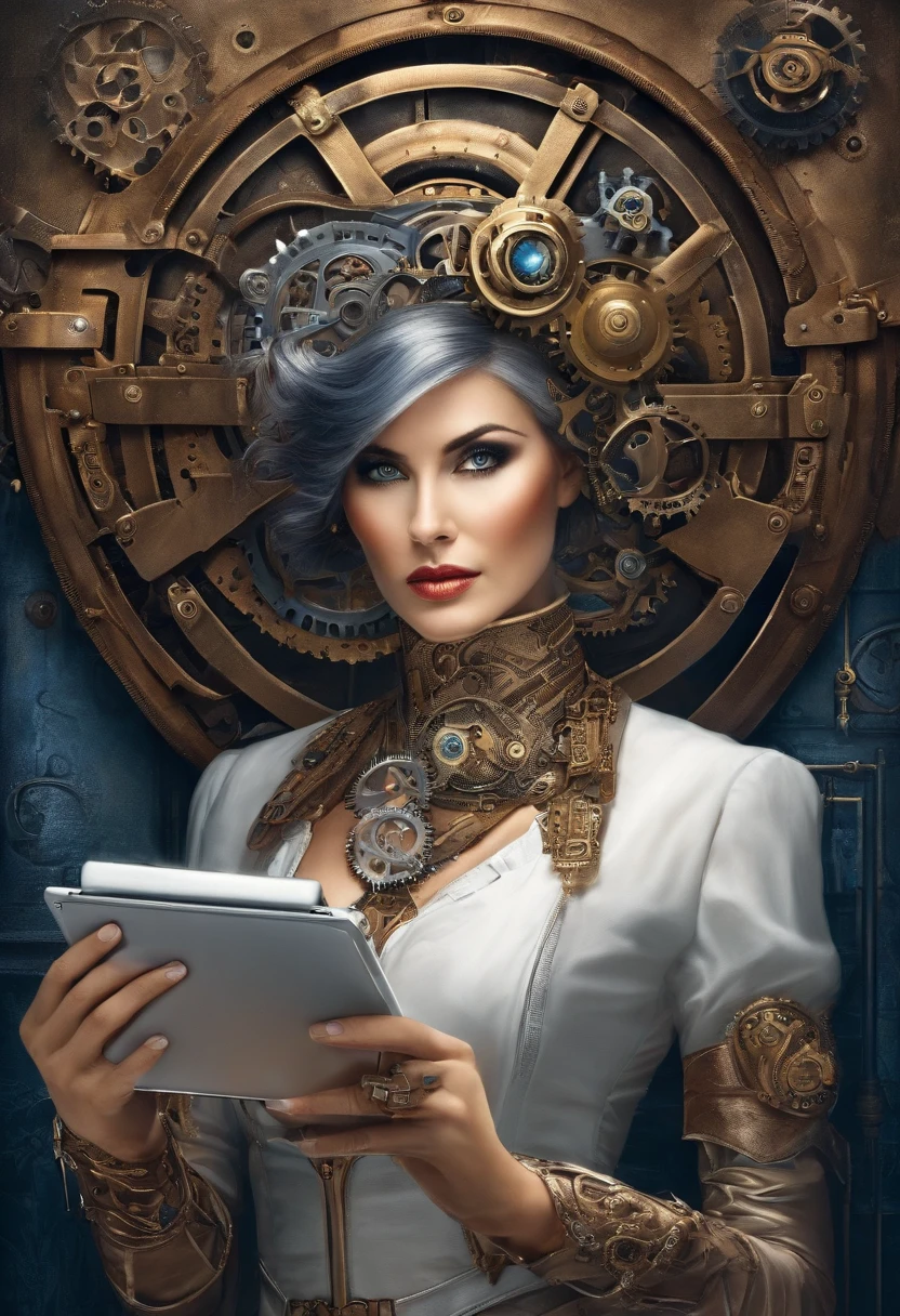 Hack girl style with laptop, White mechanical clothing, Silver short bob hair, Colorful pupils,Computer, Retro, cyber punk perssonage, Data center background, dark blue theme,