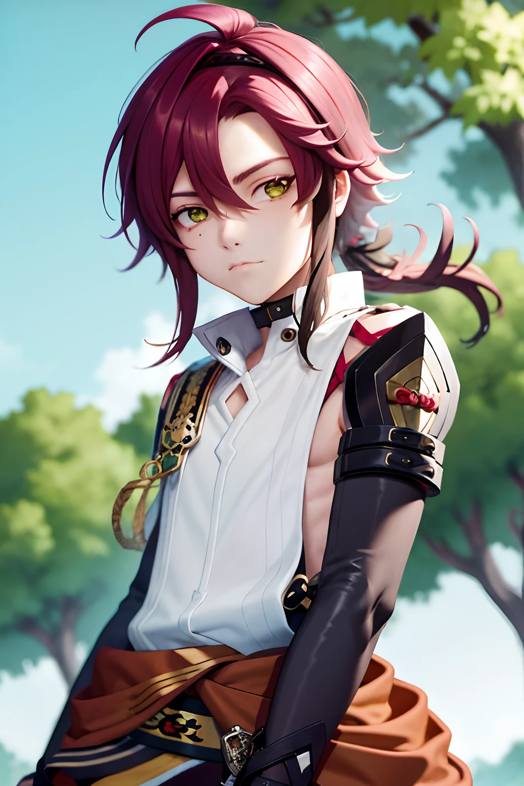 masterpiece, best quality,Shikanoin Heizou (genshin impact), 1boy, male focus, kurokote, green eyes, kote, multicolored hair, mole under eye, red hair, solo, mole, black choker, japanese armor, looking at viewer, choker, armor, streaked hair, aiguillette, sleeveless, ahoge, long hair, low ponytail,(kbxll:0.6)