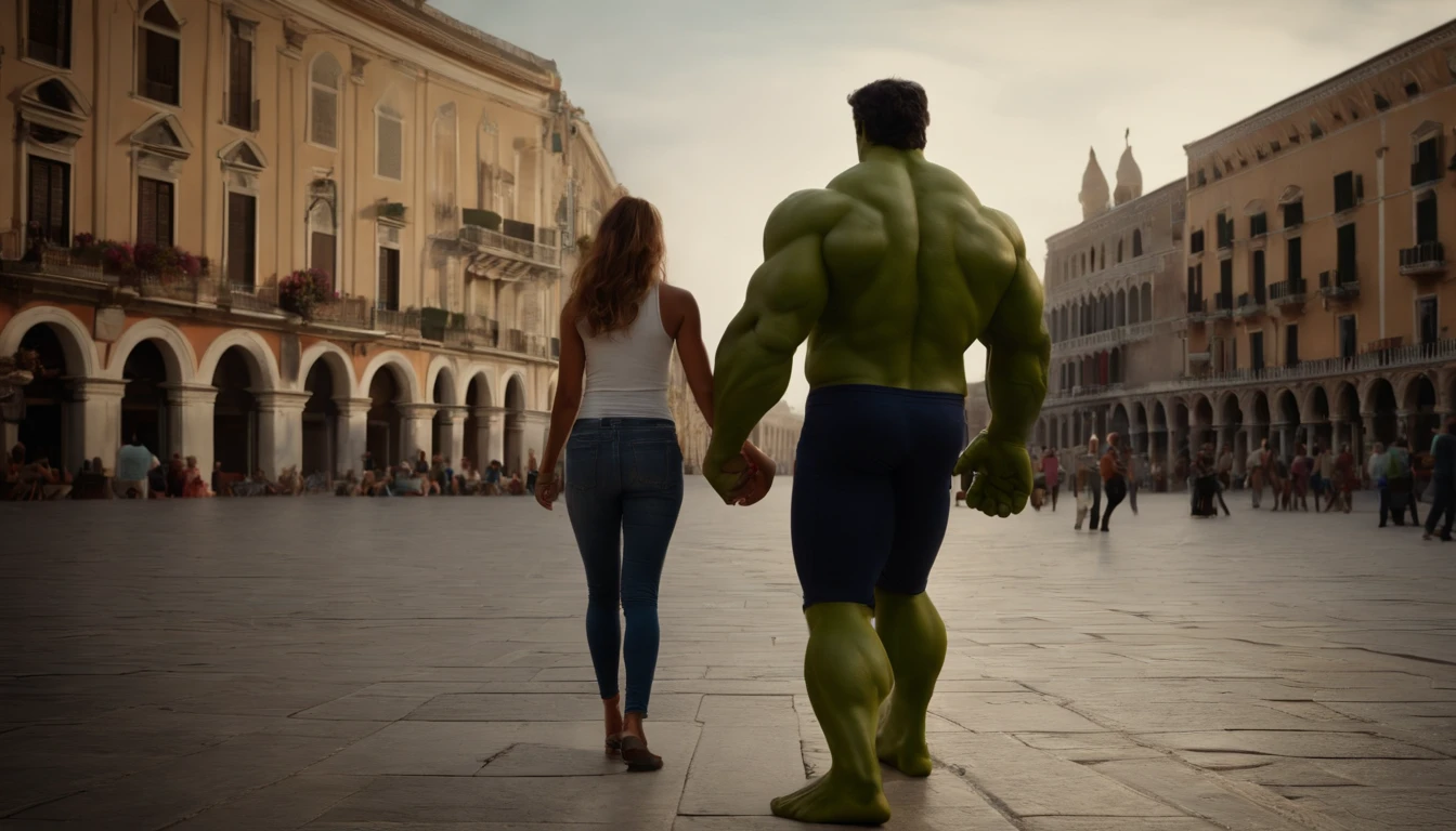 "Hulk e a Mulher-Maravilha, Strolling hand in hand, San Marco Square, desfrutando da atmosfera animada", realismo social, Detalhes altos, master part, best quality, alta qualidade, 4k, Super Detalhe, retina