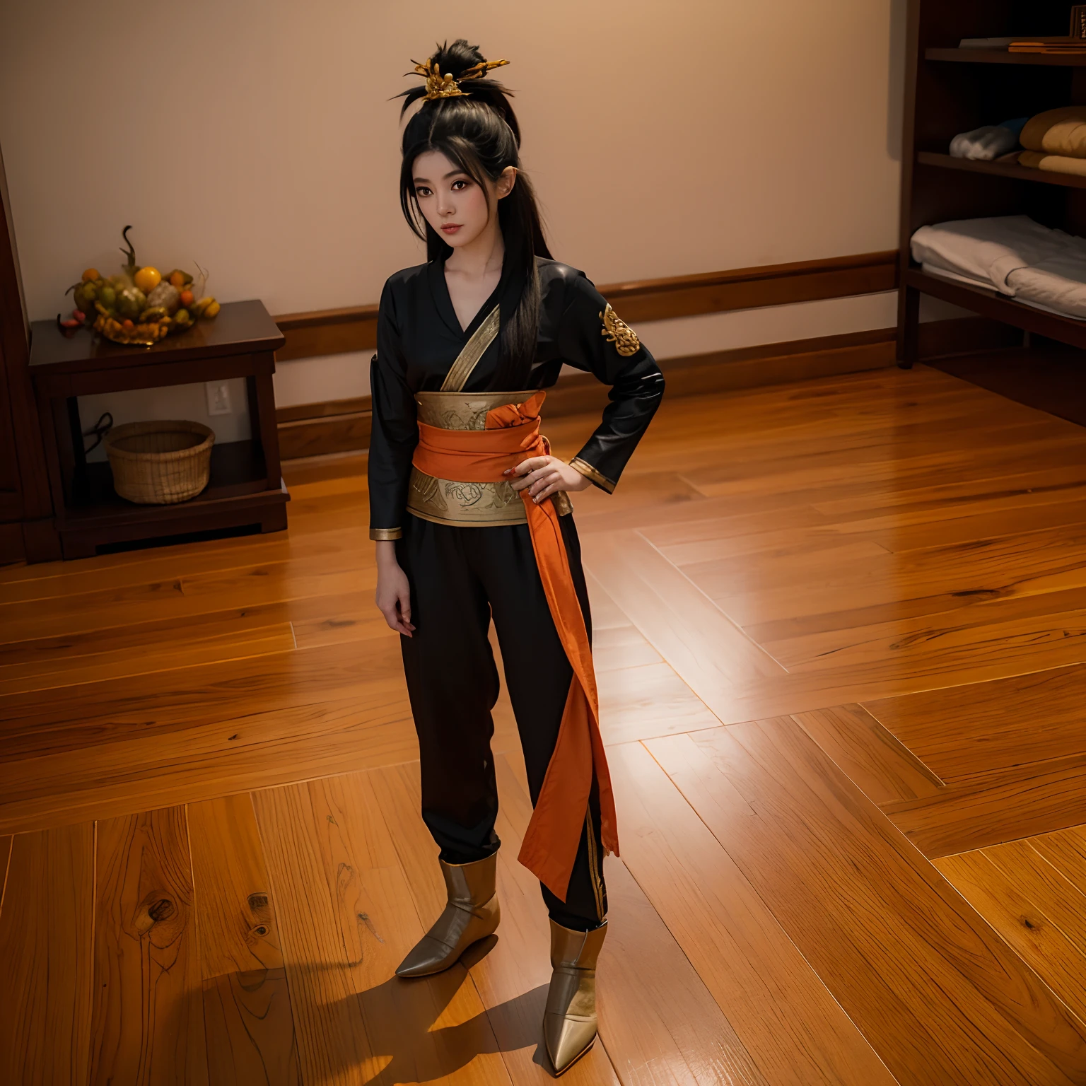 Extract the Monkey King avatar from Dragon Ball,Change to long black hair for girls,inside in room,standing on your feet