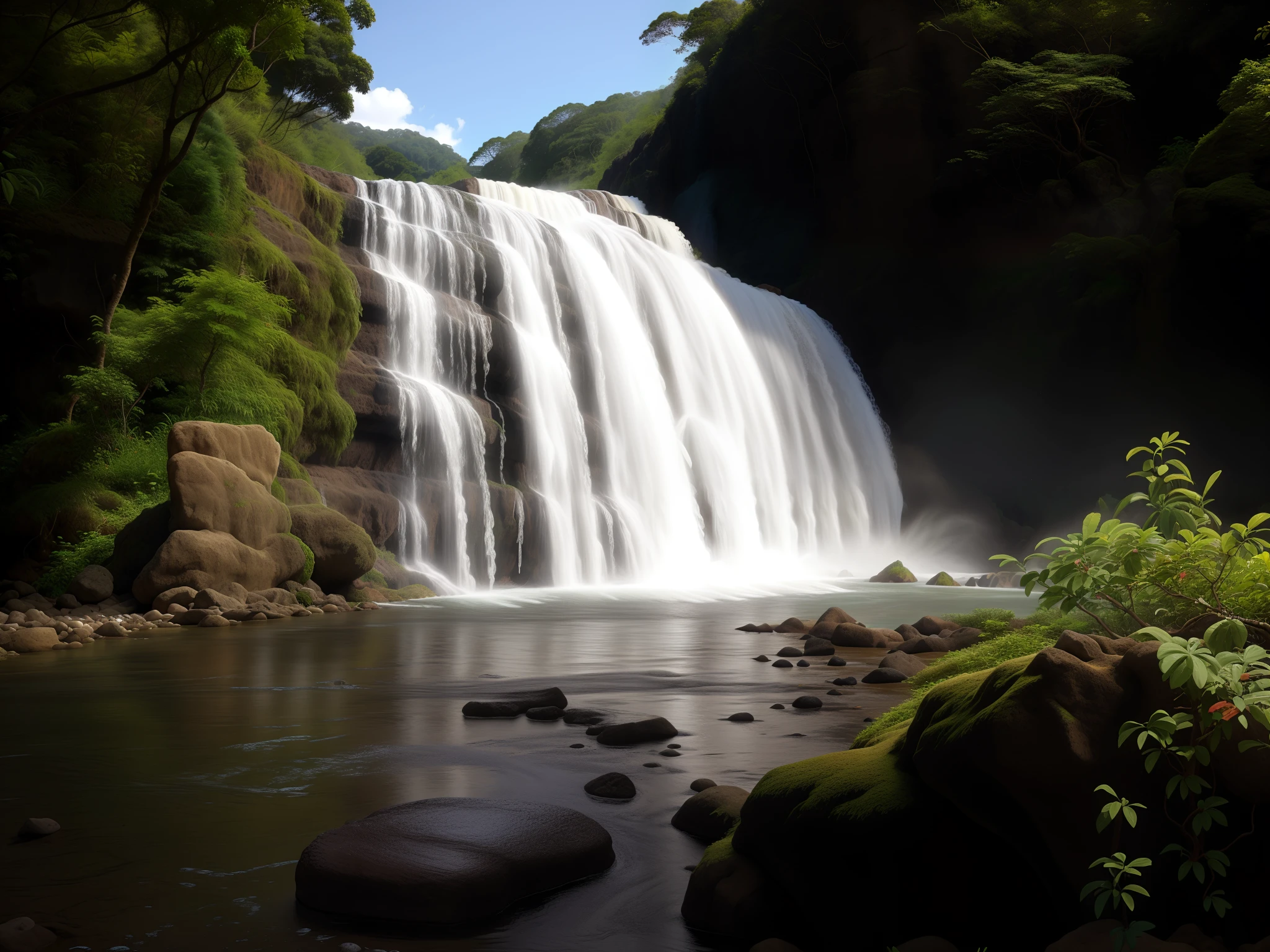 There's a waterfall that's coming down the side of a hill, waterfall, cachoeira no fundo, (waterfall), com cachoeiras e rio, Cachoeira imensa, com cachoeiras, Cachoeiras, cachoeira ao fundo, water fall, Rainbow River Waterfall, cachoeiras e lagos, cachoeira abaixo, cachoeira enorme, waterfalls, um rio que corre com cachoeira, com uma cachoeira, waterfall!!!!!