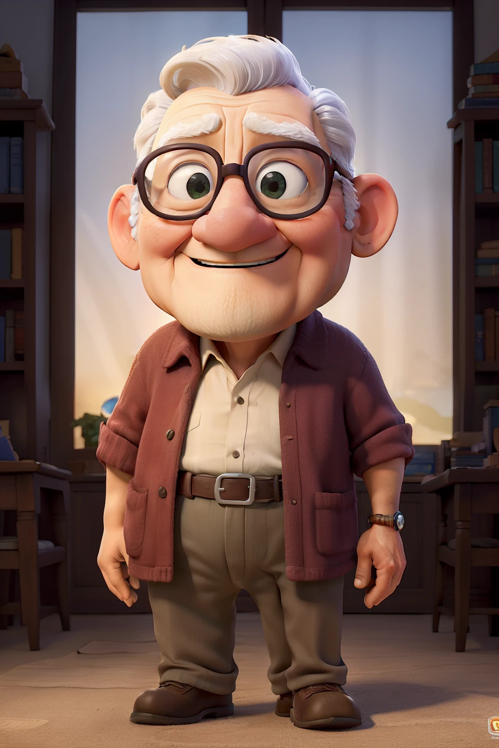 A wise old man, parado de frente, com o pano de fundo de uma biblioteca bonita cheia de estantes, sendo iluminado por uma luz, em estilo filmes da Disney e da Pixar, alta qualidade, melhor qualidade