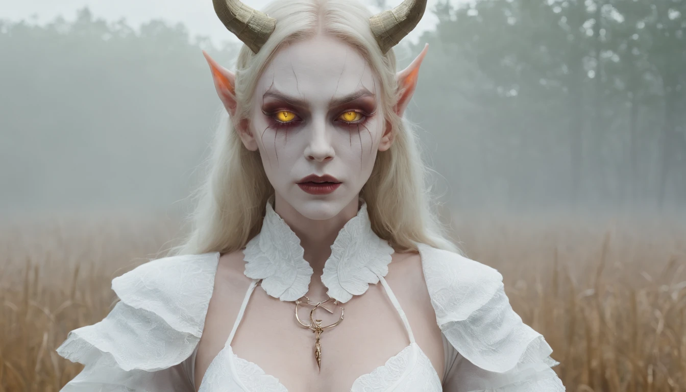 (ultra detali, high qualiy, work of art), face detailed, beast eyes (detailedeyes), mythology artwork, Extremely pale skin, skin fair, golden horns, a face of perfect proportions, bright white eyes, keep an intense gaze, blonde hair, Very hairy armpits, armpits full of hair, golden tattoos, no clothing, extremely hairy vagina, vaginal hair reaching the belly, completely hairy vagina, golden shackles on the legs, pregnant, Large belly, child&#39;s body, psychopath, Grinning, extravagant smile, tufts of hair on the chest, golden nipples, extremely long hair