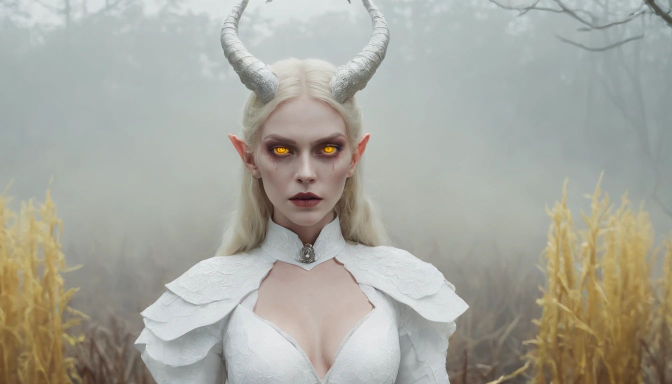 Half body shot of a blonde demon woman dressed in white in a foggy marsh, glowing yellow eyes, witch aesthetic, horror movie, cinematic, ultra detailed, photorealistic, masterpiece.