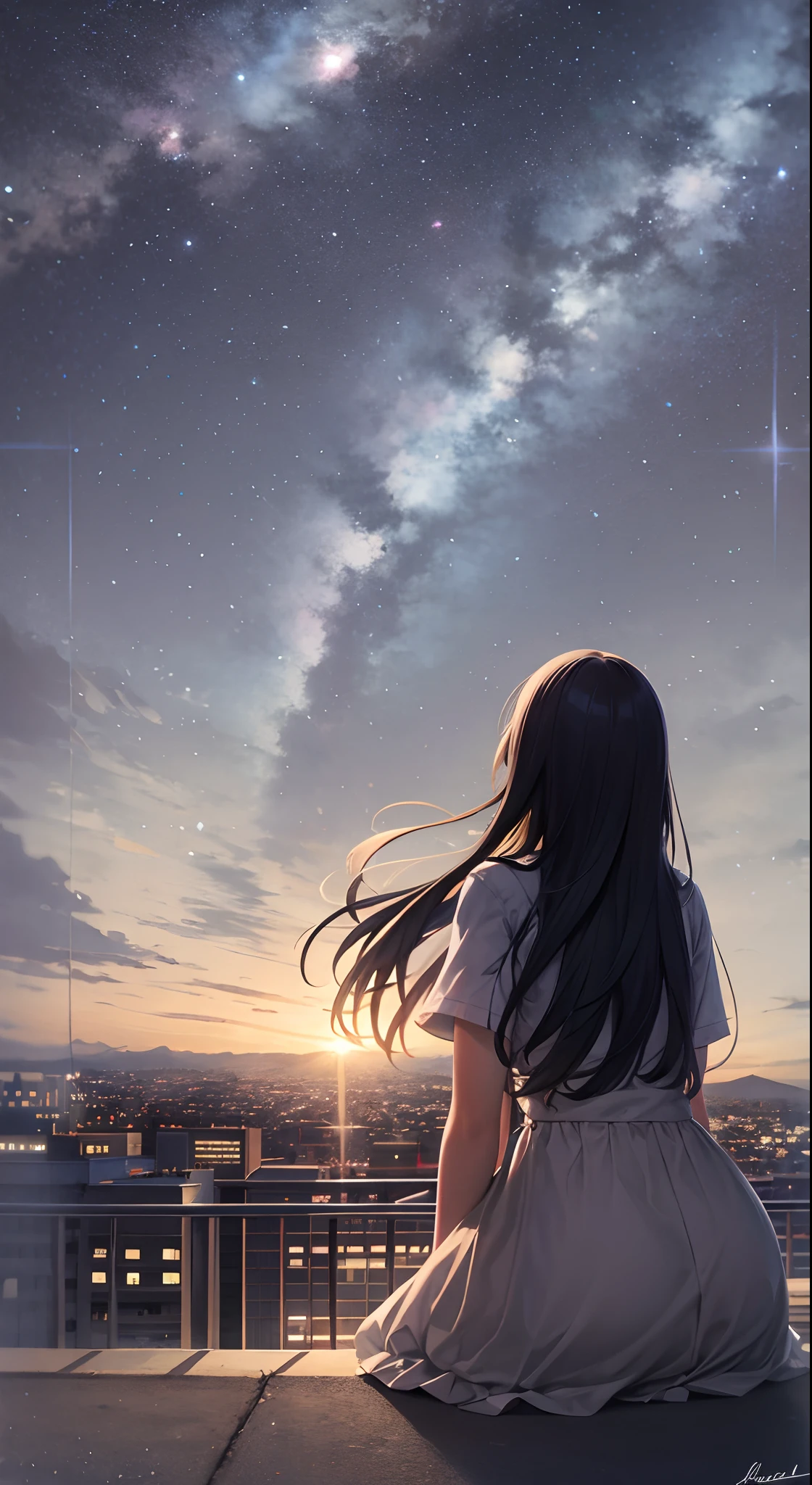 A girl sitting on a ledge looking at the stars - SeaArt AI