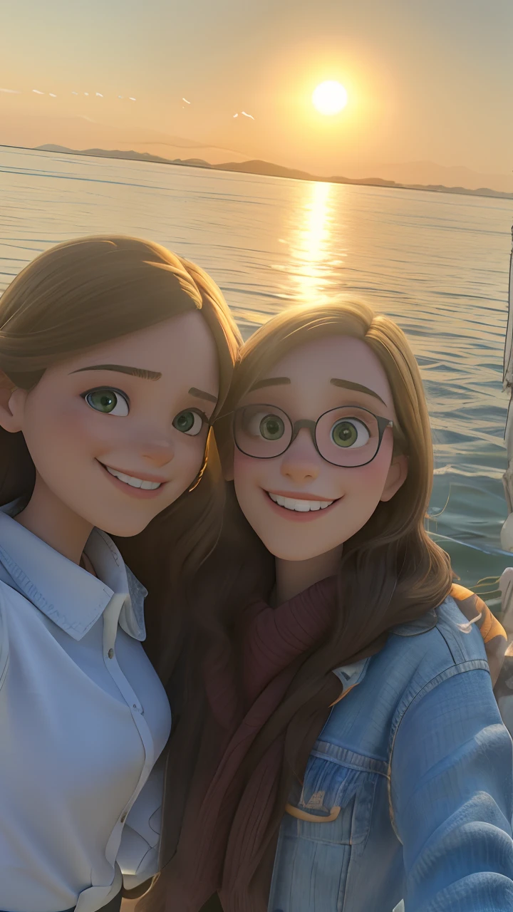 Two women taking a selfie in front of a lake at sunset, in the sunset, with sunset, during sunset, during a sunset, em um lago, Magali Villeneuve e Monet, in the sunset, tirada na hora dourada, na hora dourada, with a sunset, Alena Aenami e Lilia Alvarado, Ruan Jia e Mandy Jurgens, at sunset