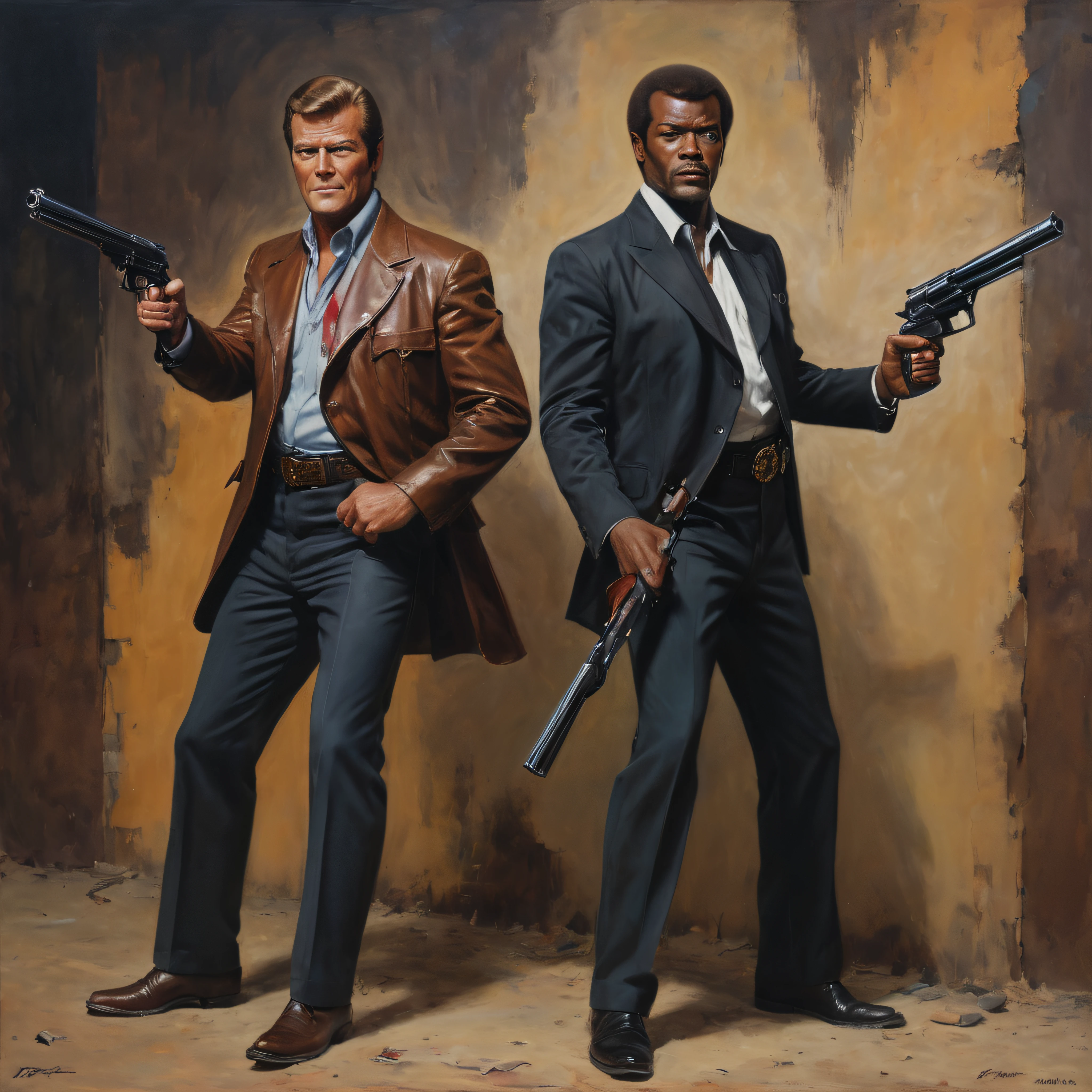 24 x 36 inch Movie Poster, Full body portrait, head to toe, Roger Moore and Samuel L. Jackson brandishing pistols back to back, a dark, stained wall in the background, oil painting on canvas, in the style of Frank Frazetta, 32k UHD, Vibrant, extremely colorful, sharp, detailed,