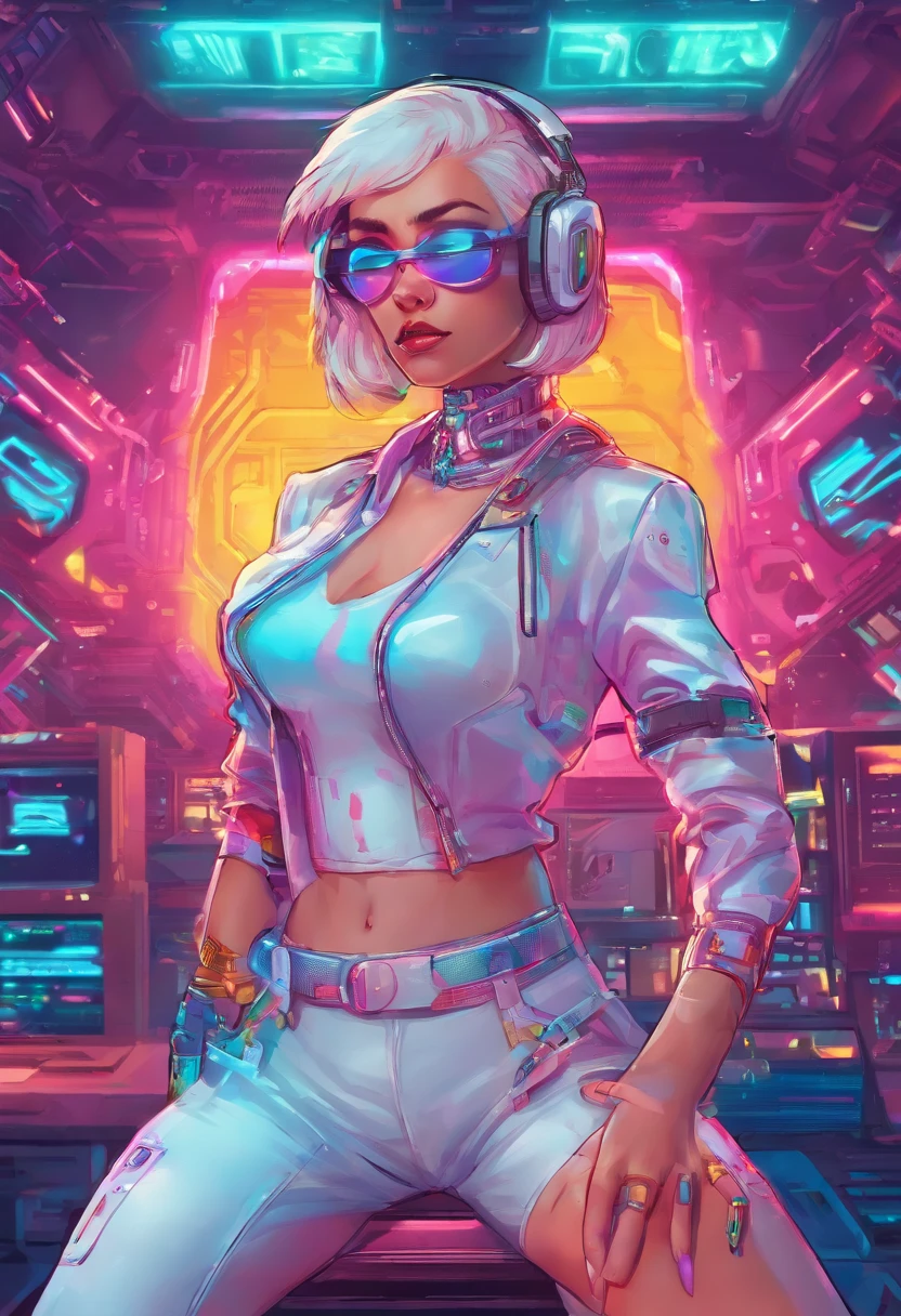 Hack girl style with laptop, White mechanical clothing, Silver short bob hair, Colorful pupils,Computer, Retro, cyber punk perssonage, Data center background, dark blue theme,