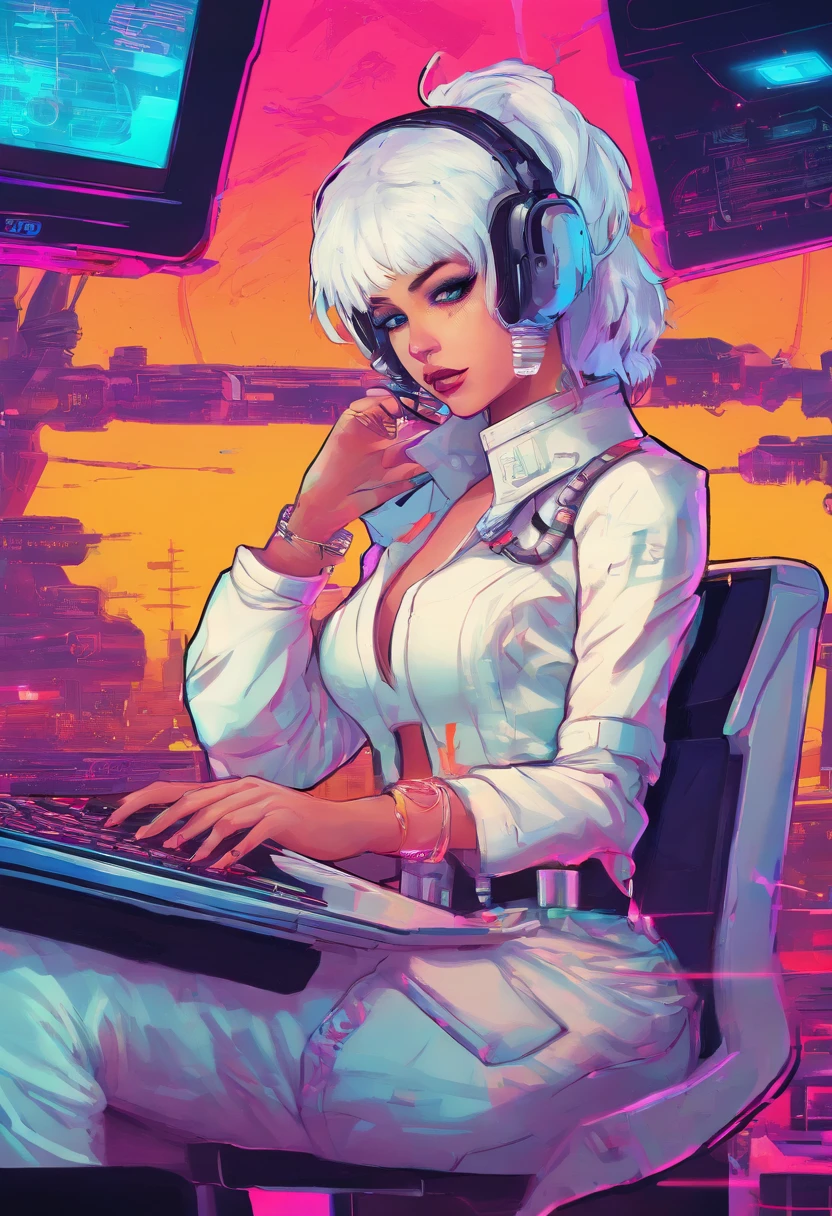 Hack girl style with laptop, White mechanical clothing, Silver short bob hair, Colorful pupils,Computer, Retro, cyber punk perssonage, Data center background, dark blue theme,