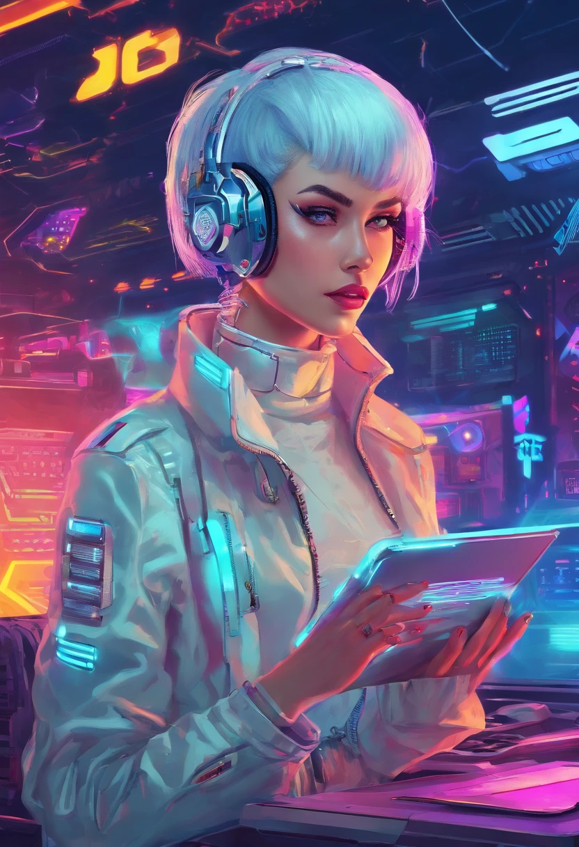 Hack girl style with laptop, White mechanical clothing, Silver short bob hair, Colorful pupils,Computer, Retro, cyber punk perssonage, Data center background, dark blue theme,