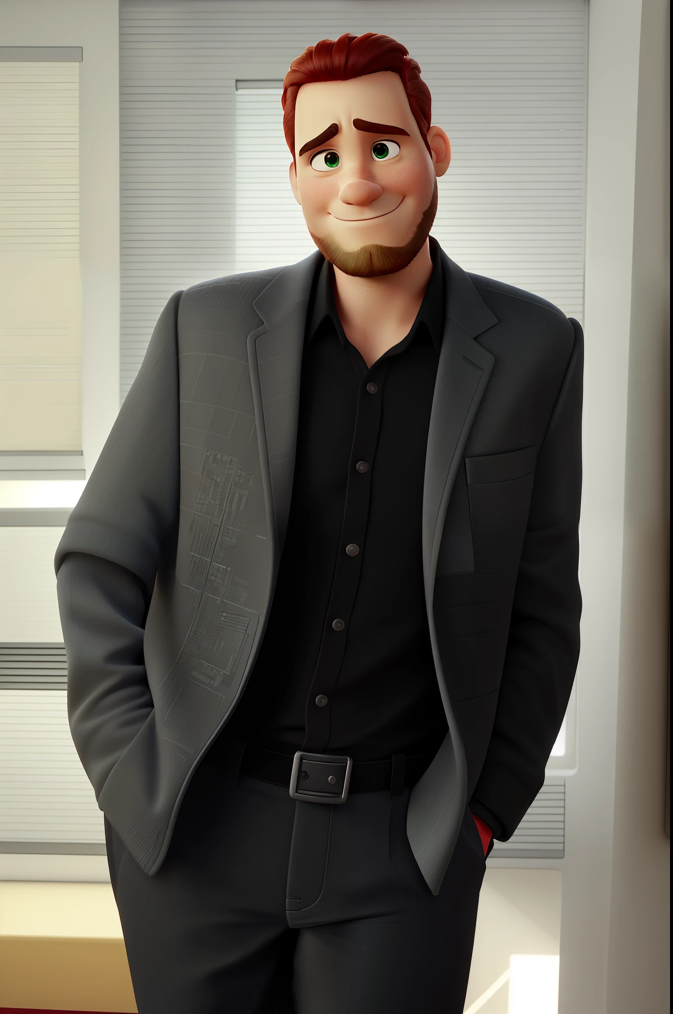 Create a Disney Pixar movie poster about a keyboard player using a red keyboard and several synthesizers behind. O personagem deve ser baseado na foto anexa, It's a white man, de olhos verdes, cabelo bem curto e pouca barba. ele deve estar tocando na igreja