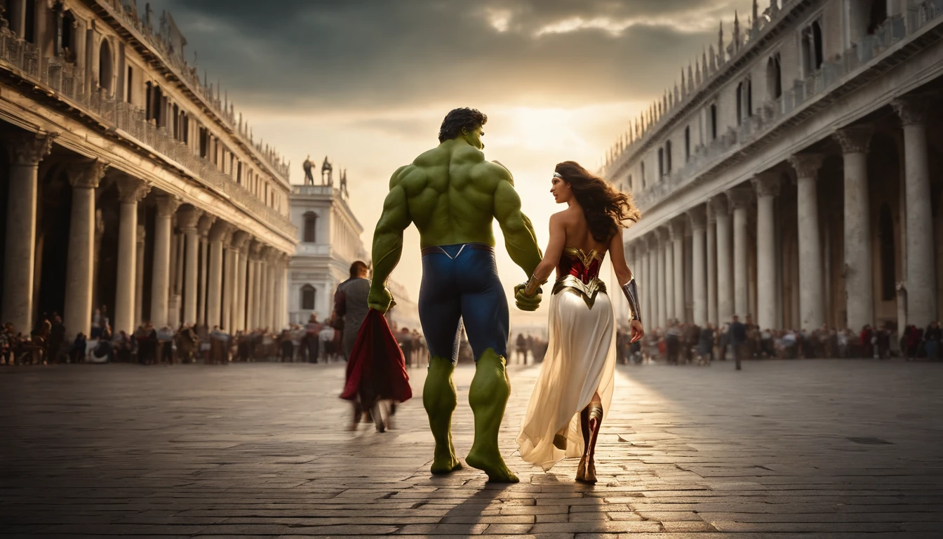 "Hulk and Wonder Woman, strolling hand in hand, Piazza San Marco, enjoying the lively atmosphere", Social realism, high details, masterpiece, best quality, high quality, 4K, super detail, retina