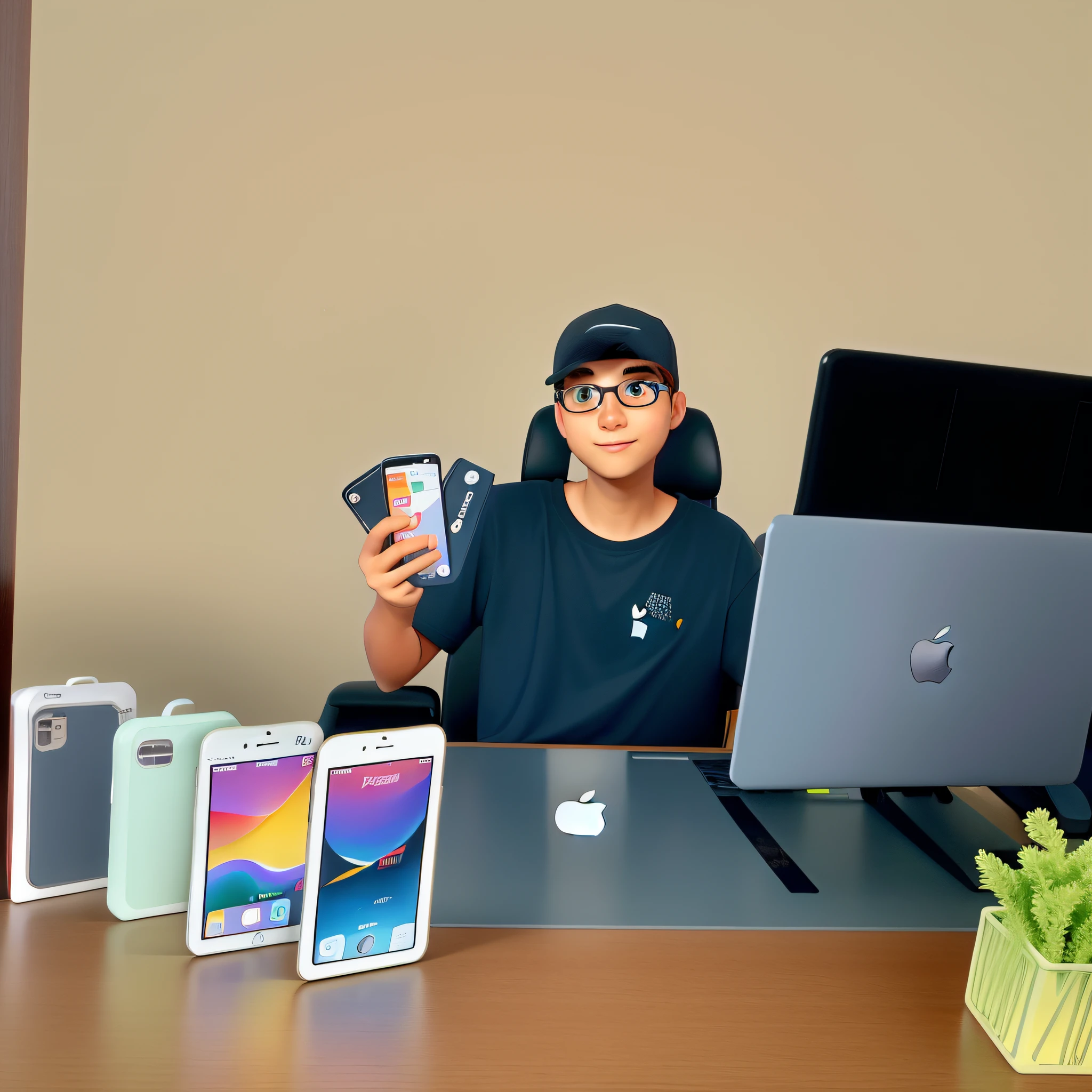 Um jovem, dono de uma loja virtual de produtos apple em seu escritorio.