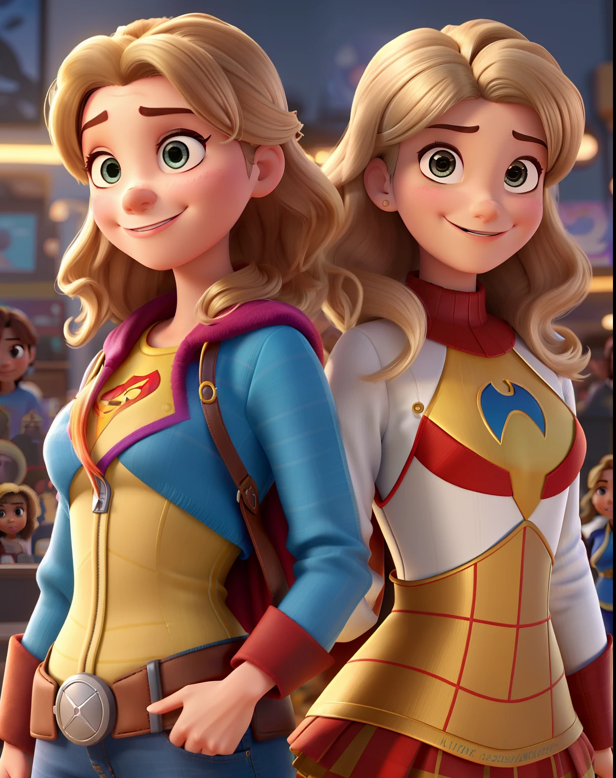 Um poster de filme estilo disney pixar com duas contadoras sorrindo, de cabelos longos, a da esquerda com cabelo castanho e a da direita com cabelo loiro, alta qualidade, com um fundo de uma contabilidade organizada, They would be superheroes