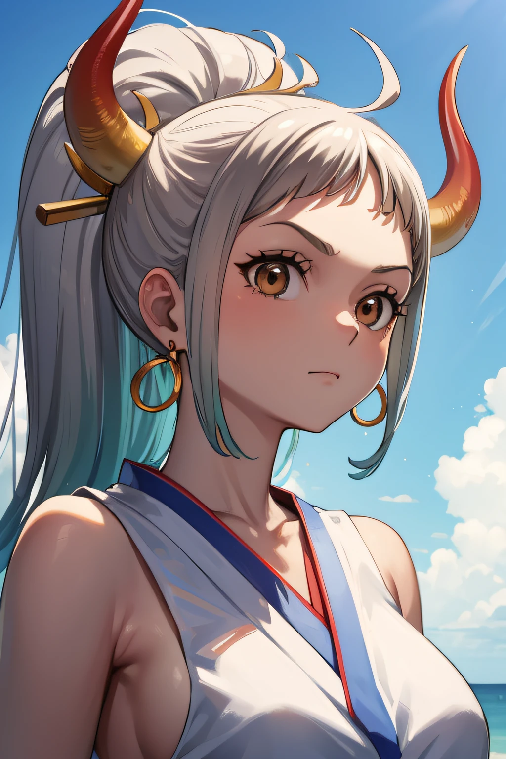 onepieceyamato, yamato, ahoge, aqua hair, (brown eyes:1.5), curled horns, earrings, green hair, grey hair, hair ornament, hair stick, high ponytail, horns, long hair, multicolored hair, multicolored horns, oni, red horns, shimenawa, sidelocks, v-shaped eyebrows, BREAK bare arms, bare shoulders, hakama, japanese clothes, rope, shimenawa, sideboob, sleeveless, sleeveless kimono,, BREAK looking at viewer, BREAK outdoors, ocean, BREAK (masterpiece:1.2), best quality, high resolution, unity 8k wallpaper, (illustration:0.8), (beautiful detailed eyes:1.6), extremely detailed face, perfect lighting, extremely detailed CG, (perfect hands, perfect anatomy),