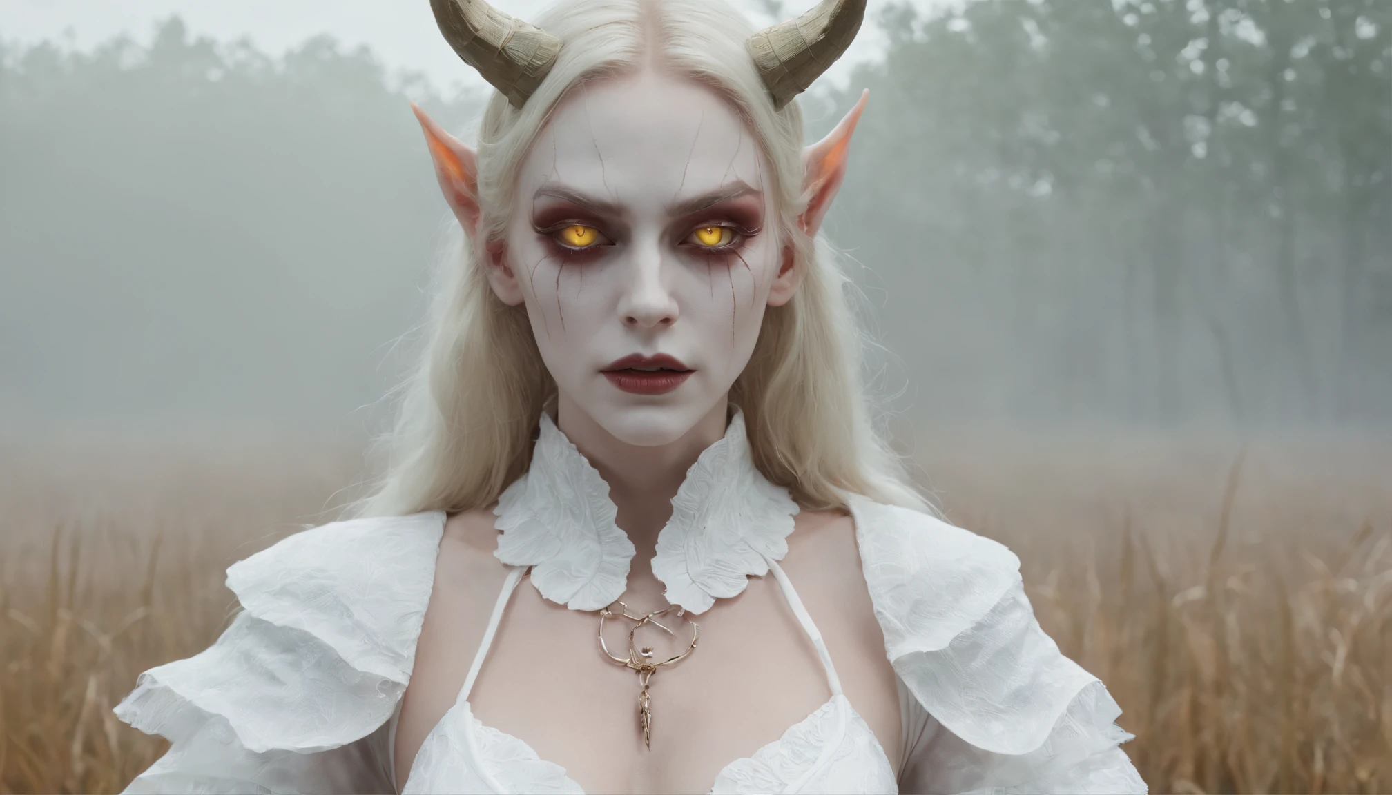 Half body shot of a blonde demon woman dressed in white in a foggy marsh, glowing yellow eyes, witch aesthetic, horror movie, cinematic, ultra detailed, photorealistic, masterpiece.