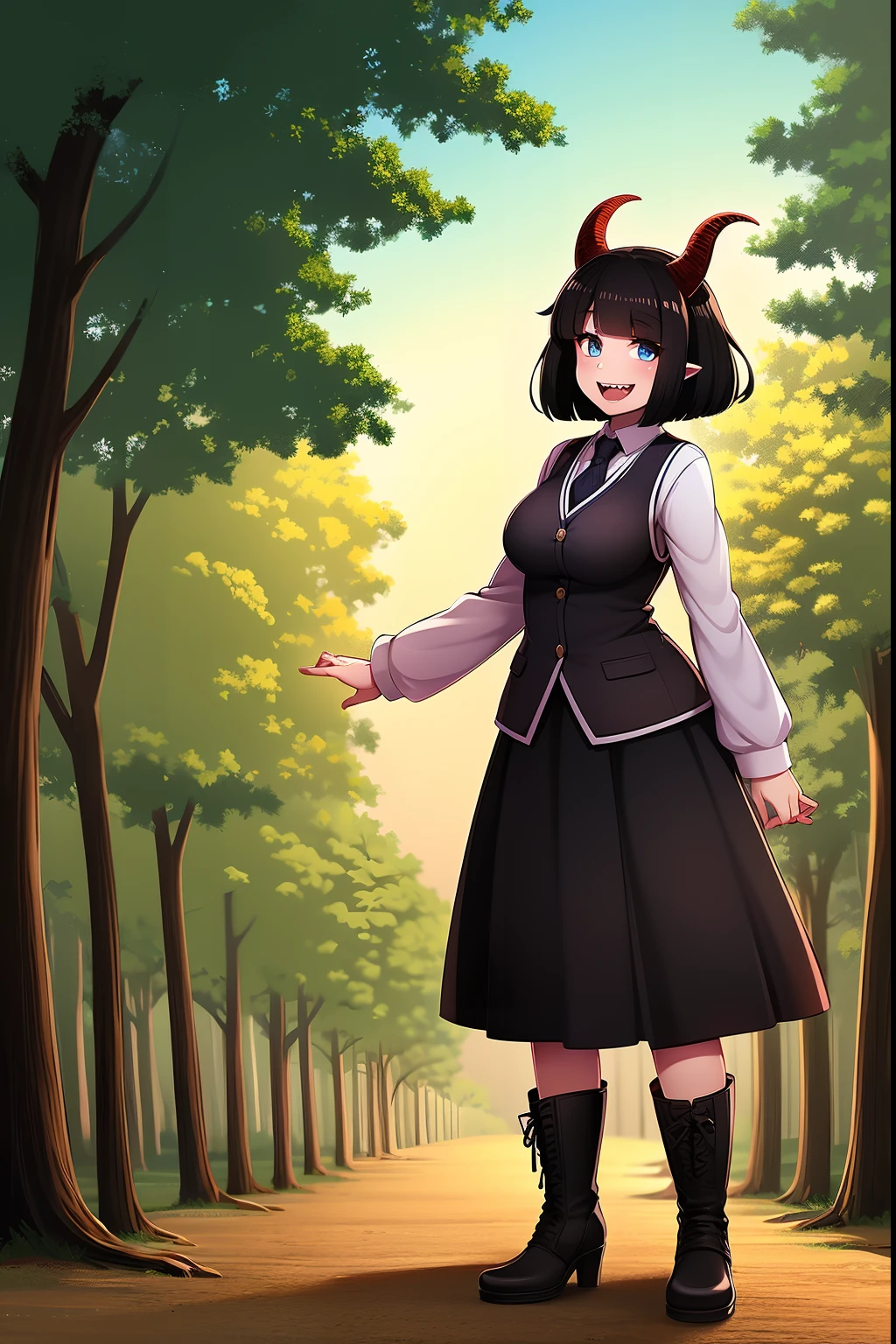 short hair, youngirl,black hair, vest, pullover, dragon horns, sharpteeth, standing, smile, full body , boots, long skirt, winter dress,, forest, woman-medieval-clothes, horns, smile, open mouth ,sharpteeth,, medium breast, blue eyes