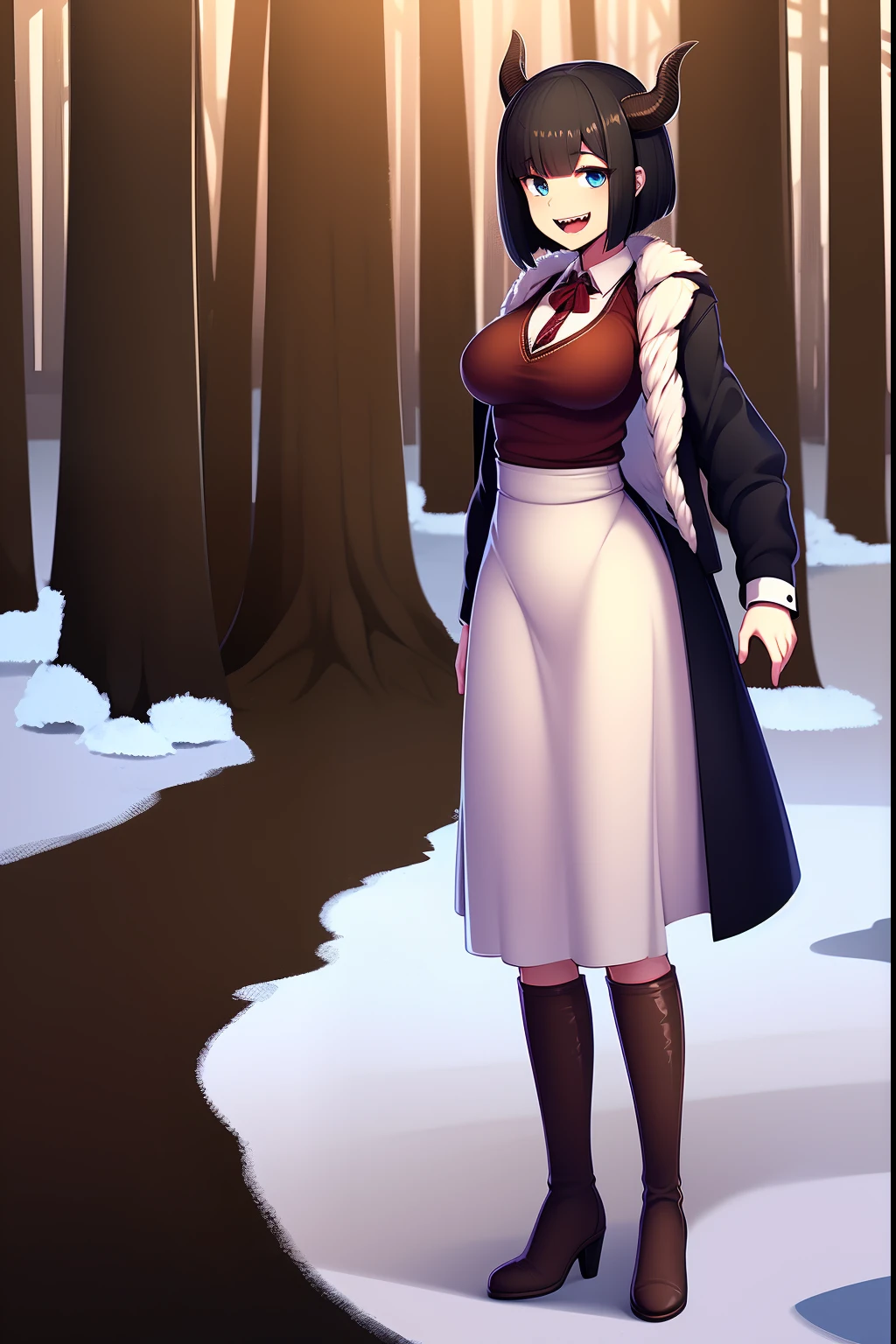 short hair, youngirl,black hair, vest, pullover, dragon horns, sharpteeth, standing, smile, full body , boots, long skirt, winter dress,, forest, woman-medieval-clothes, horns, smile, open mouth ,sharpteeth,, medium breast, blue eyes